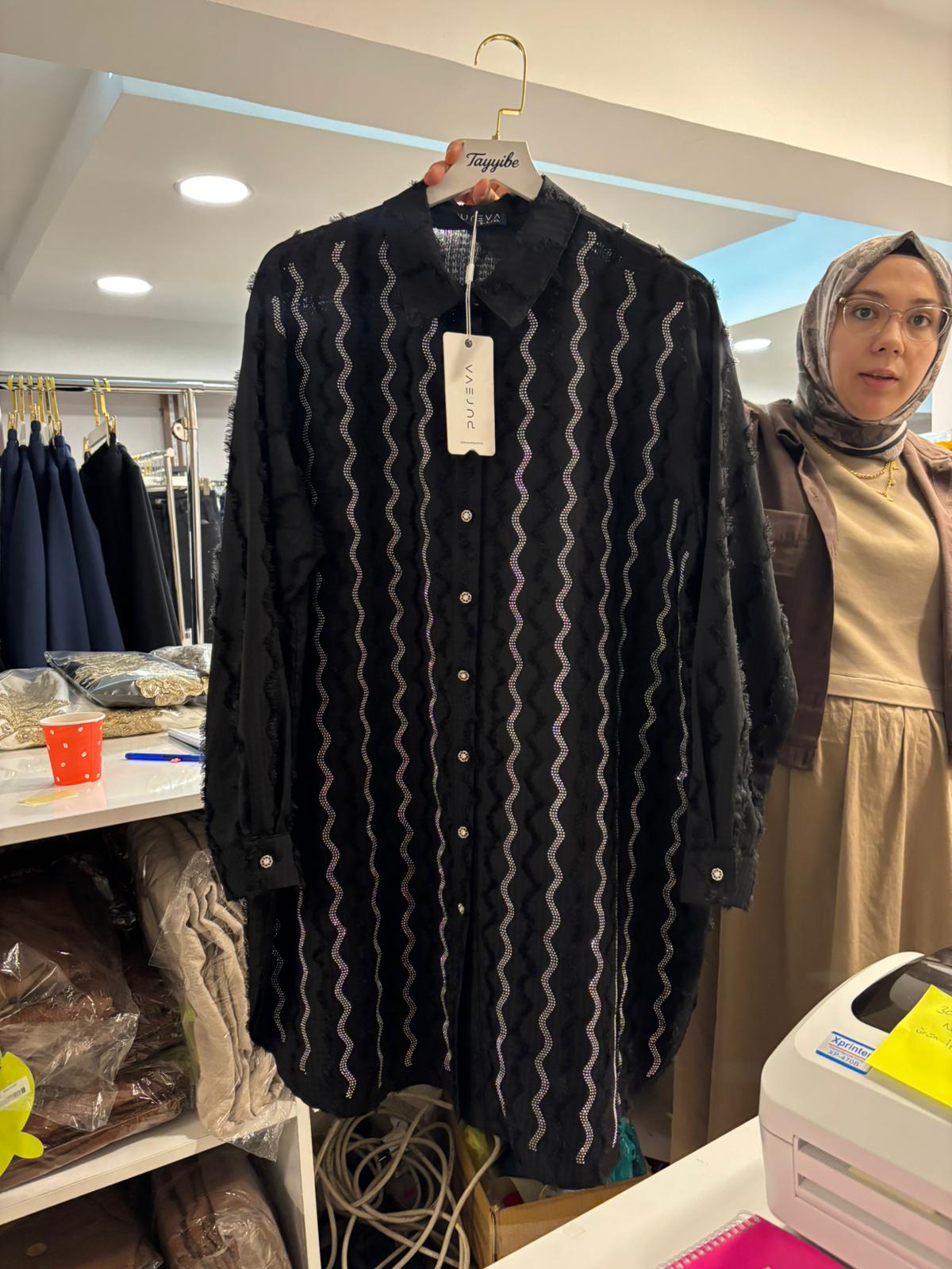 PUREVA Pamuk Viskon Taşlı Tunik Siyah