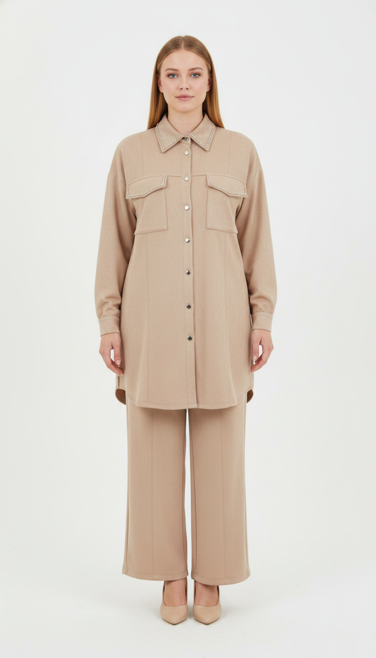 İPEK JAKAR SATEN PANTOLON CEKET TAKIM Kum Beji