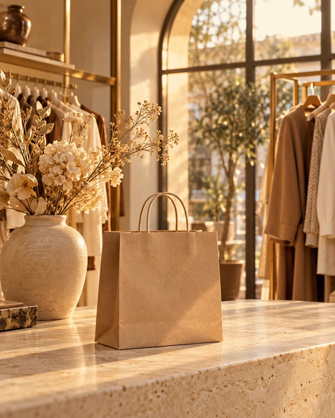Butik tezgâhındaki alışveriş çantası ve yeni sezon koleksiyonu