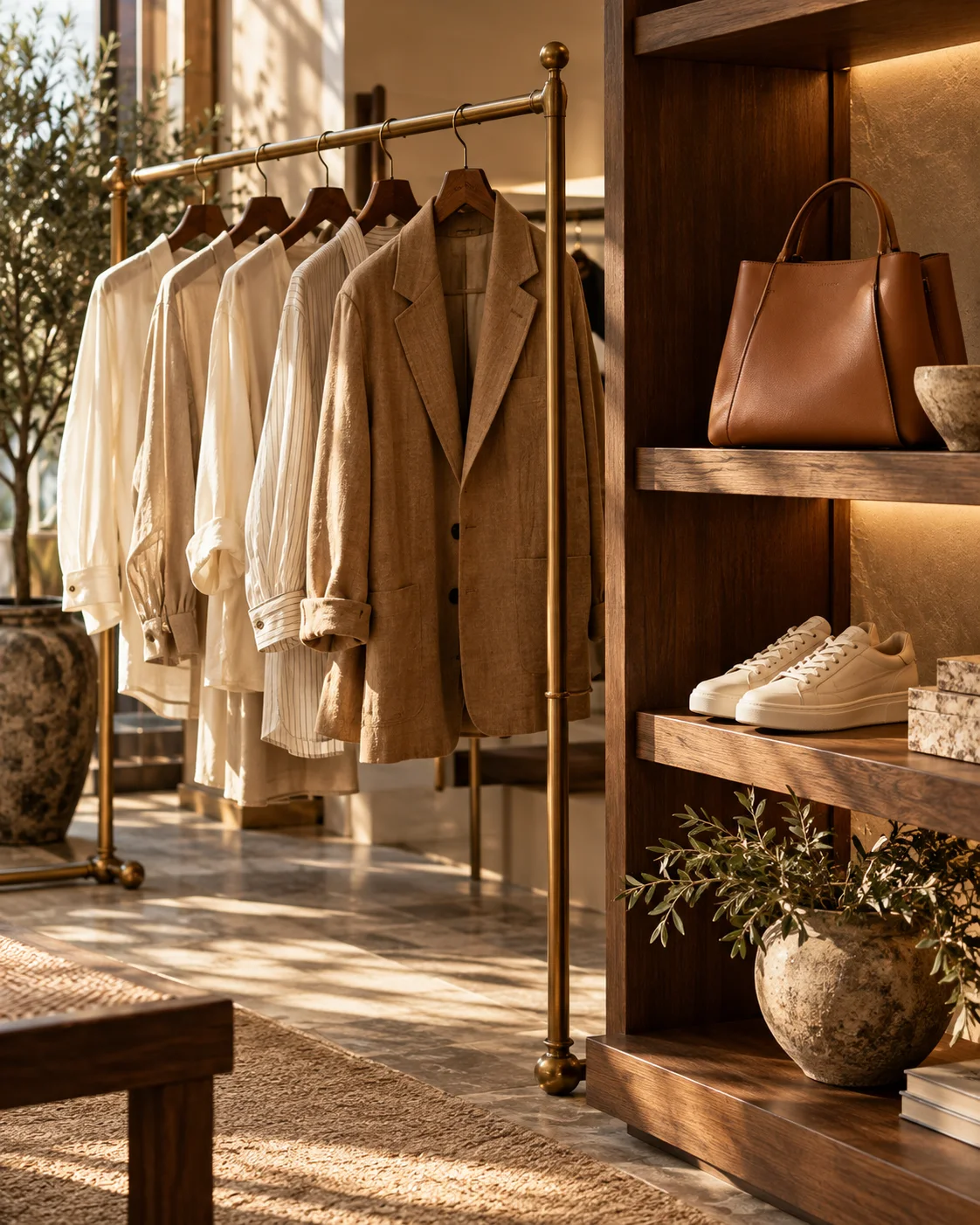 Kıyafet, ayakkabı ve çantaların bir arada sergilendiği butik koleksiyonu