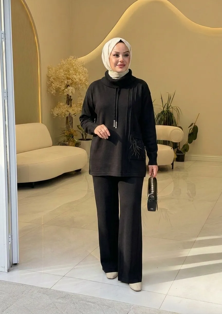 PUREVA Modal pantolon tunik takım Siyah