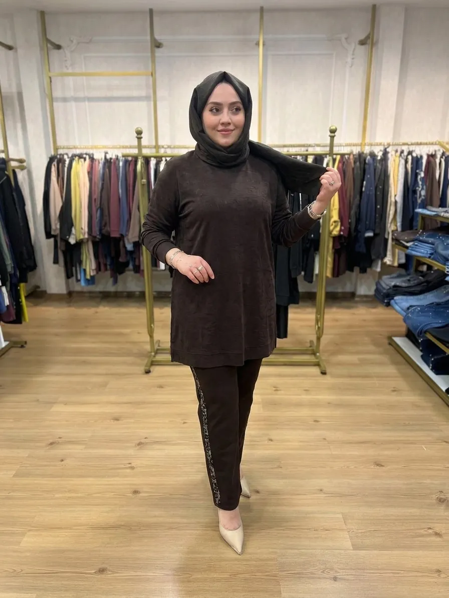 Likralı Taşlı Kot Pantolon Kahverengi 2