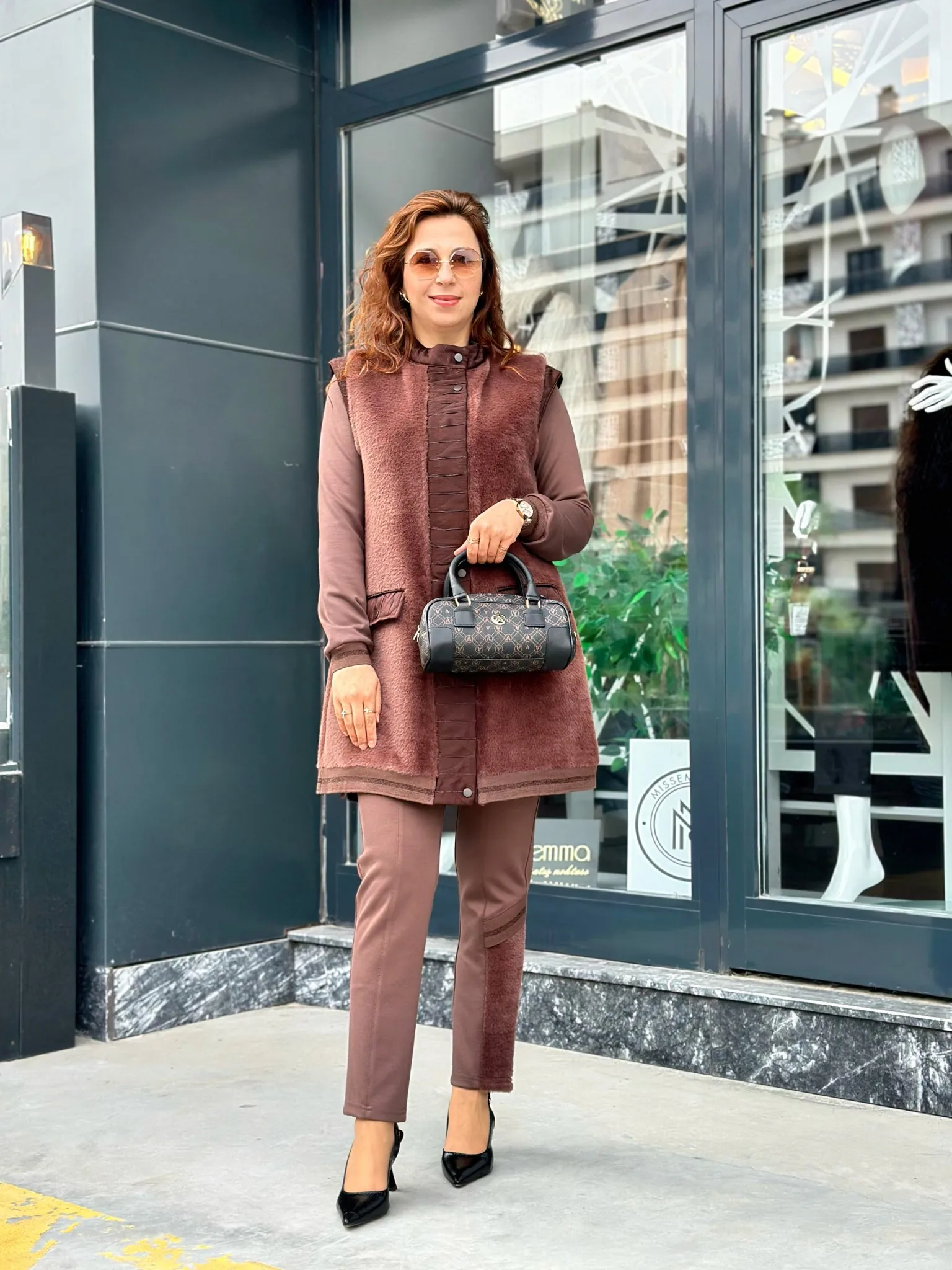 PUREVA ANGORA KÜRK YELEKLİ ÜÇLÜ TAKIM Kahverengi