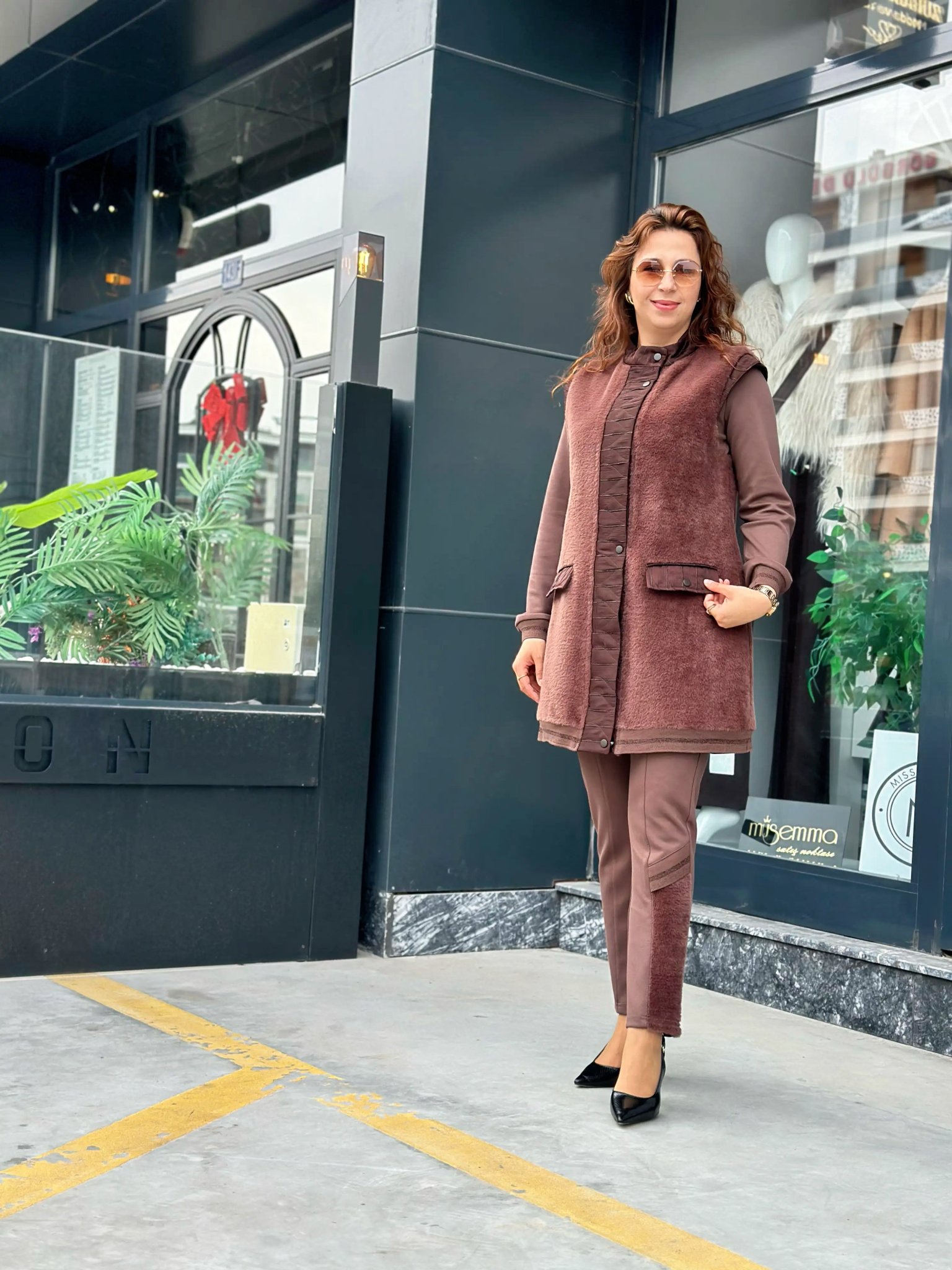 ANGORA KÜRK YELEKLİ ÜÇLÜ TAKIM Kahverengi 2