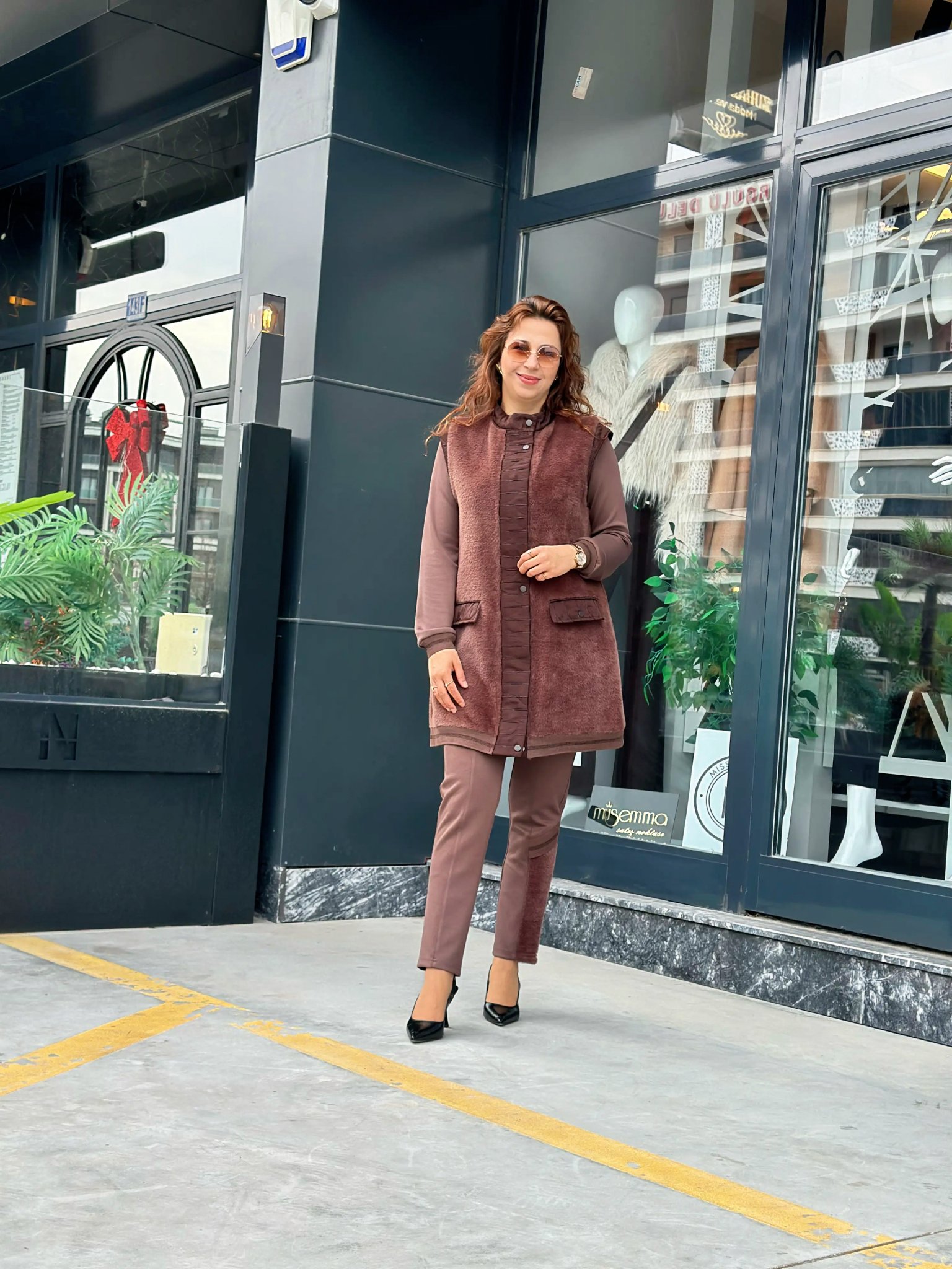 ANGORA KÜRK YELEKLİ ÜÇLÜ TAKIM Kahverengi 3