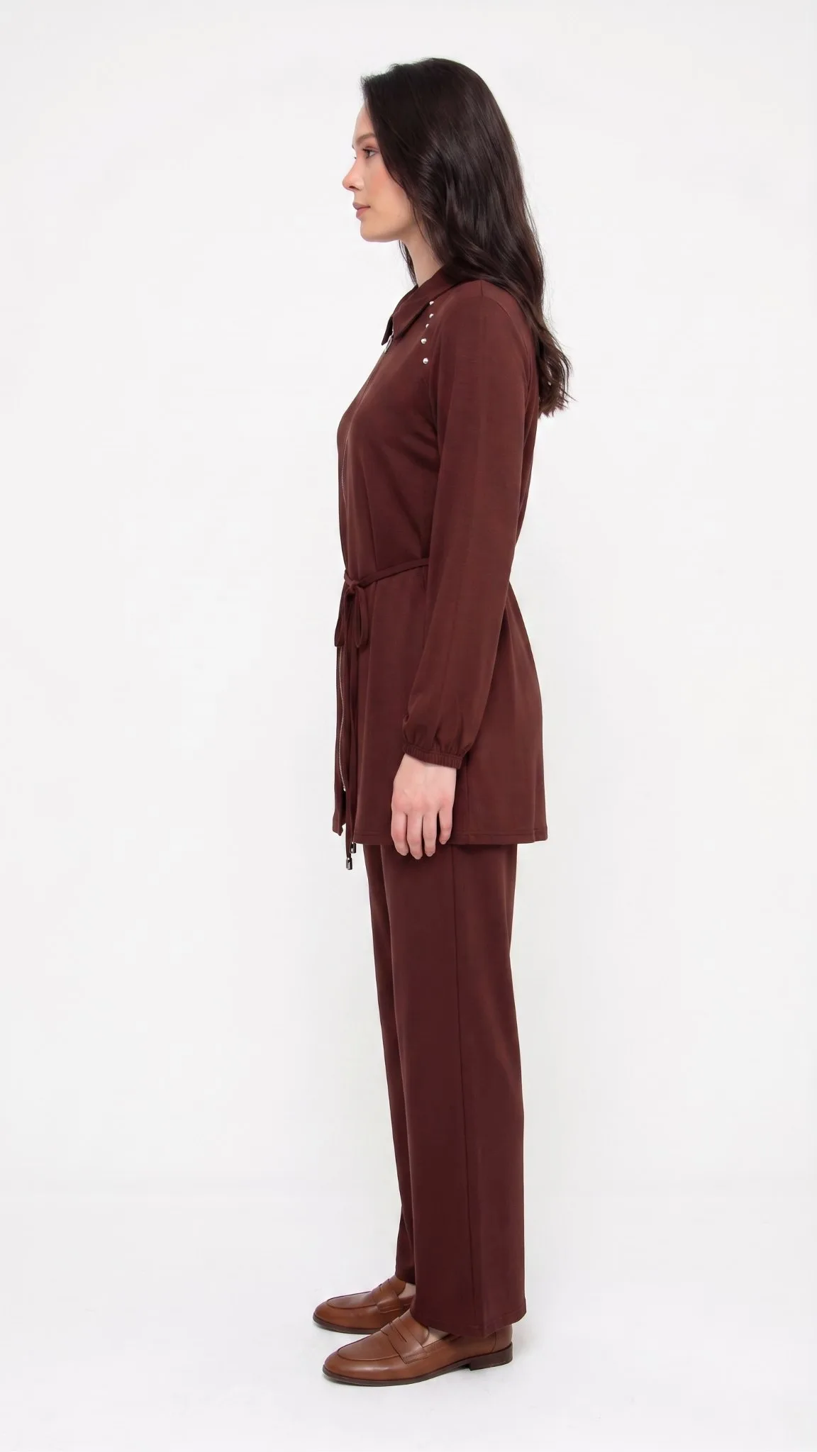 MODA NİLAY İNCİ DETAYLI PANTOLON TAKIM Kahve