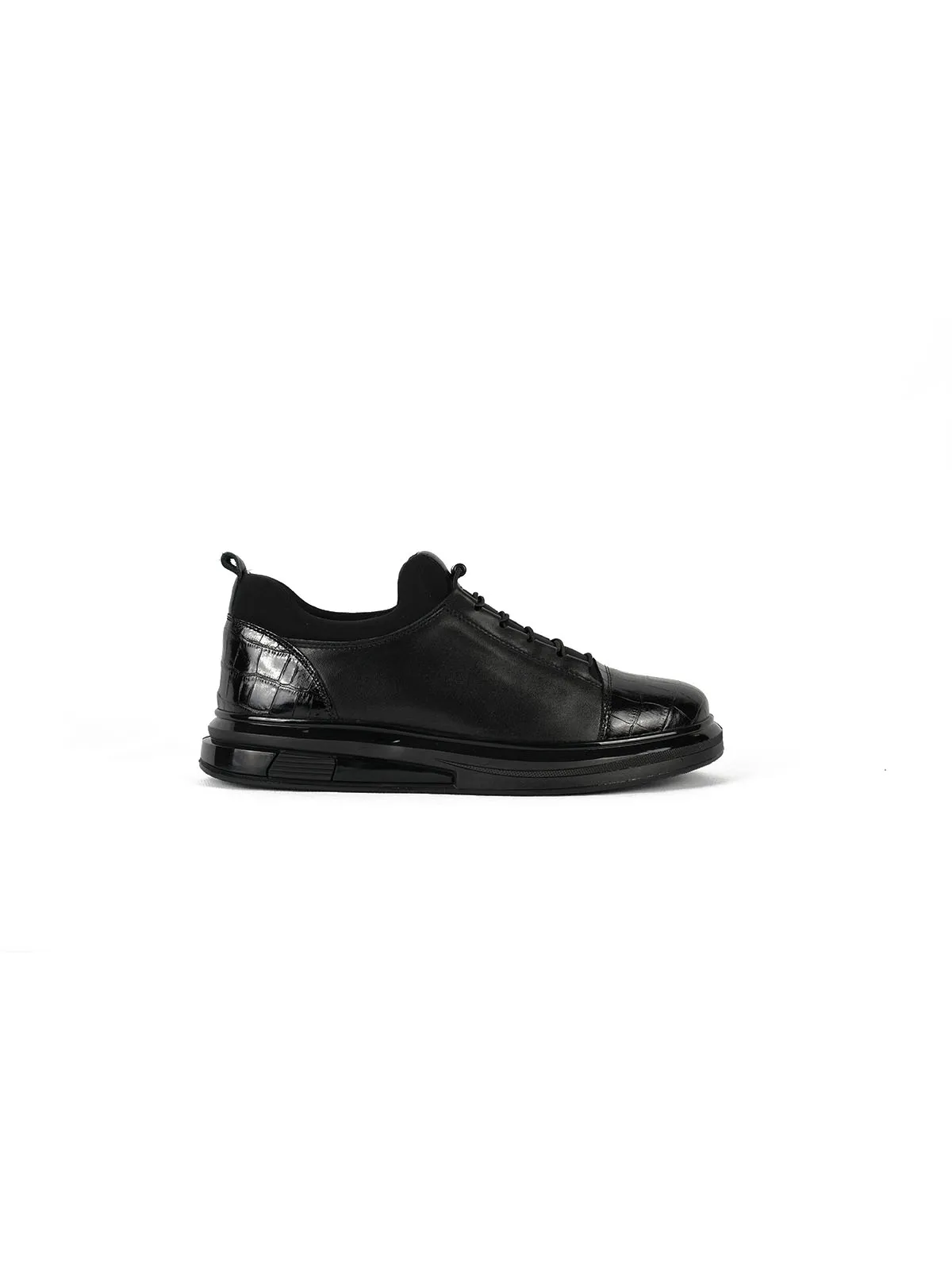 İthal Taban Ön Kroko Desen Cilt Deri  Sneaker Siyah