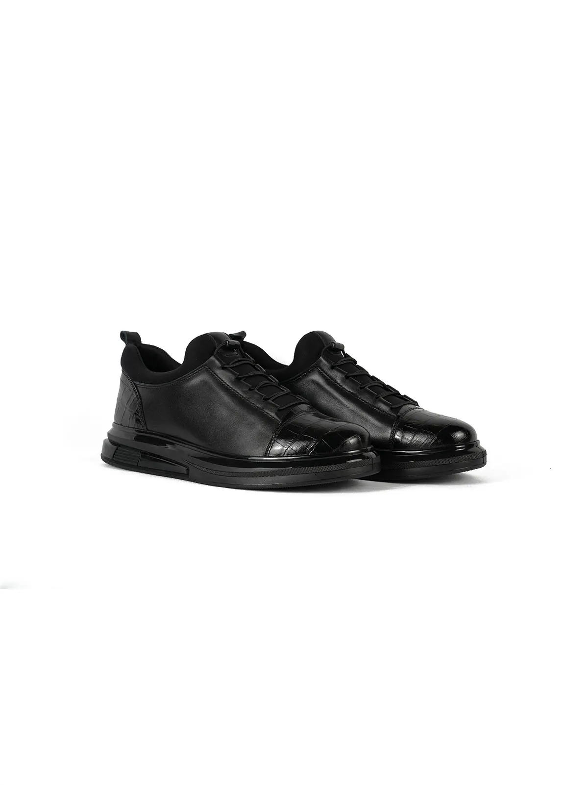 İthal Taban Ön Kroko Desen Cilt Deri  Sneaker Siyah 2