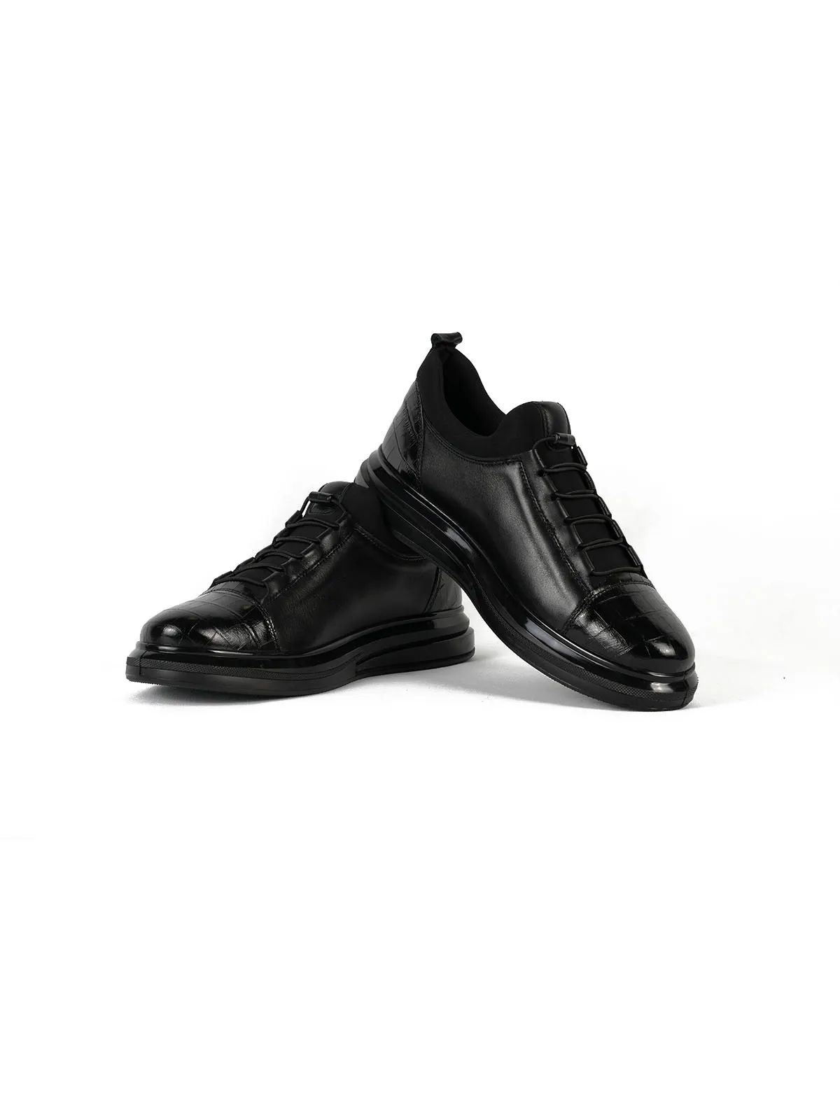 İthal Taban Ön Kroko Desen Cilt Deri  Sneaker Siyah 3