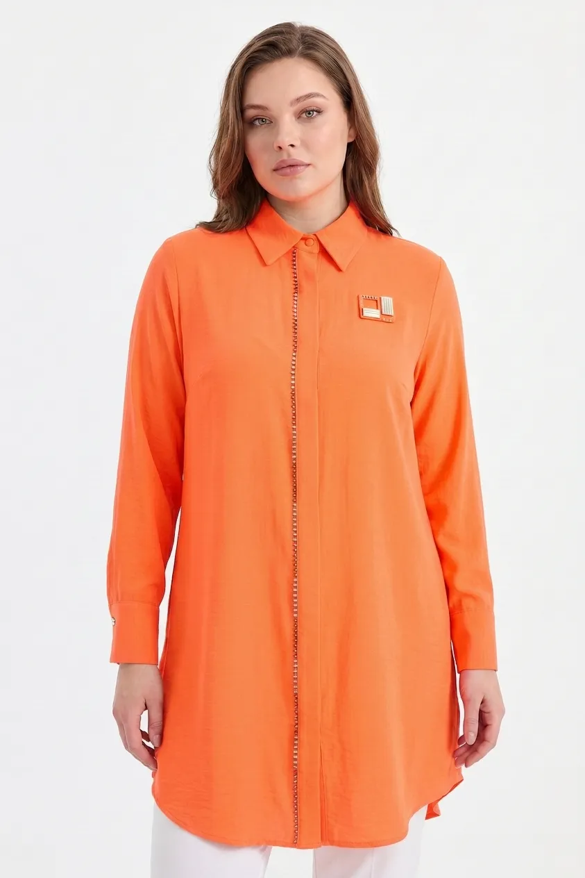 M'EVA PLUS VİSKON COTON TUNİK AHŞAP EL İŞLEMELİ Neon Oranj
