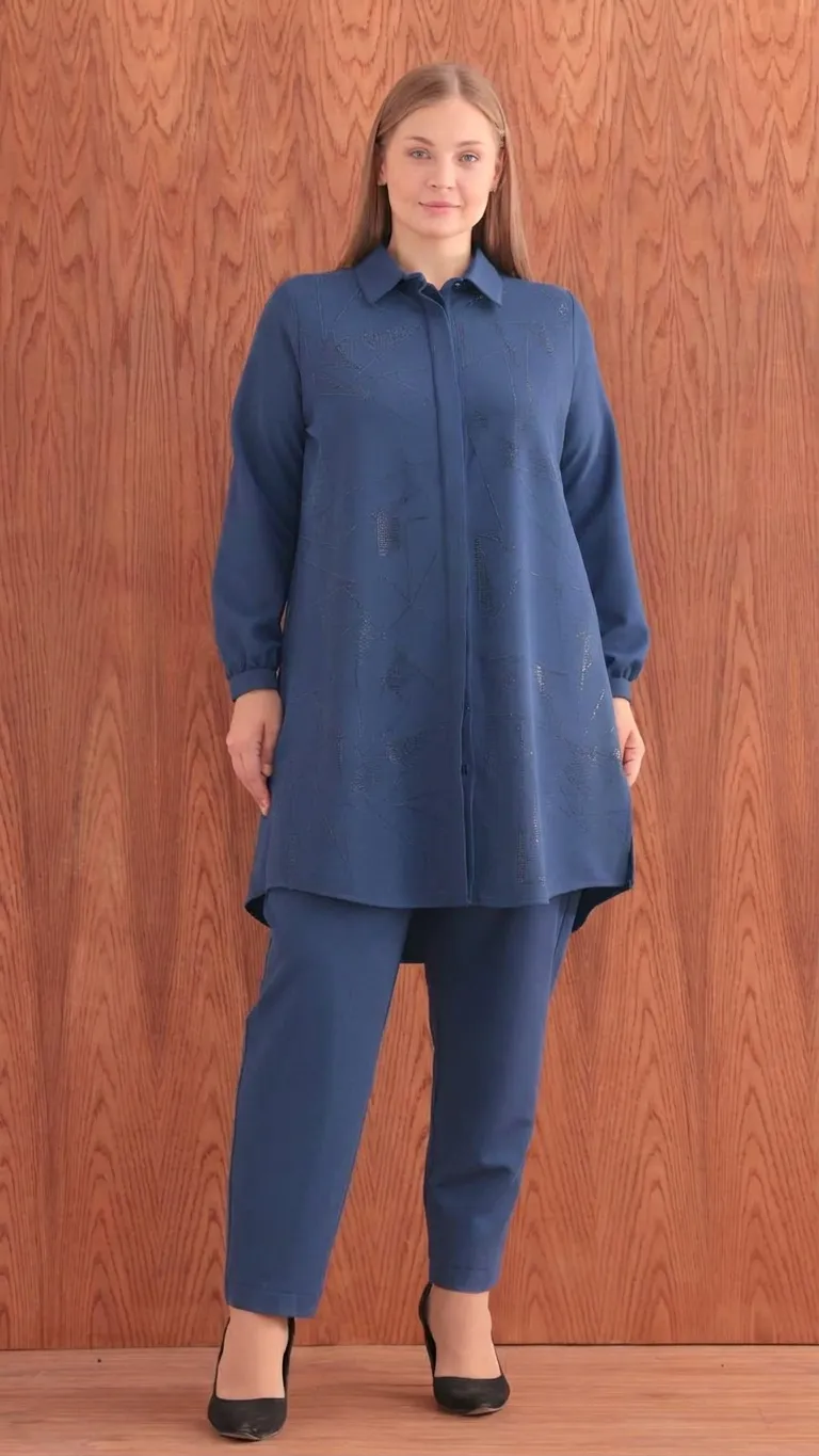 M'EVA PLUS İTHAL TAŞLI TUNİK PANTOLON TAKIM Indigo