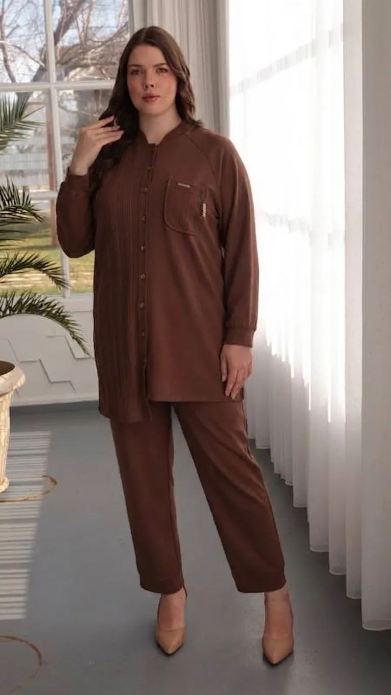 BAMBU MODAL MERSERİZE KONBİNLİ TUNİK & PANTOLON TAKIM Çikolata 4