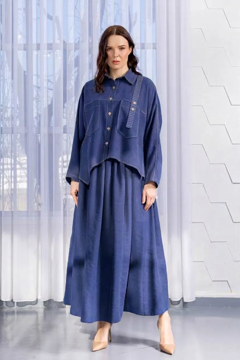 PUREVA TENCEL TUNİK  ETEK TAKIM Indigo