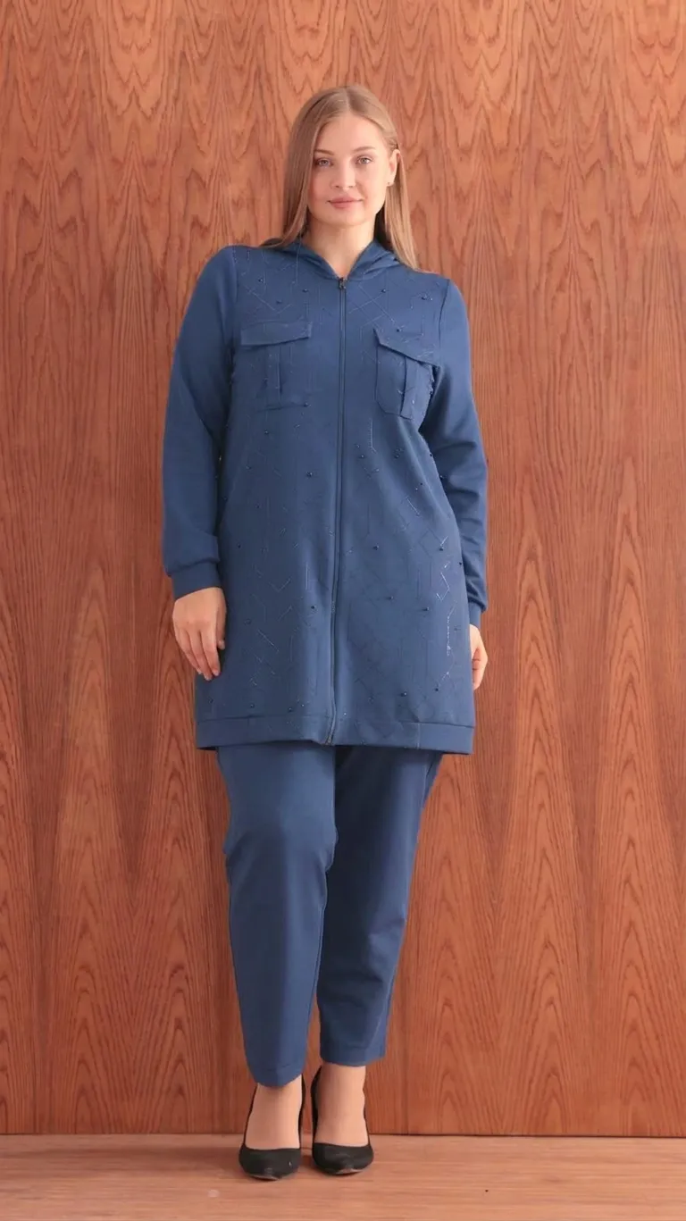 M'EVA PLUS İTHAL TAŞLI TUNİK PANTOLON TAKIM Indigo