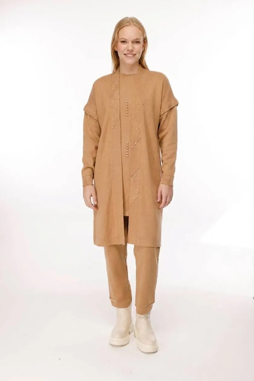 PUREVA MODAL HIRKA TRİKO KONBİNLİ ÜÇLÜ TAKIM Camel