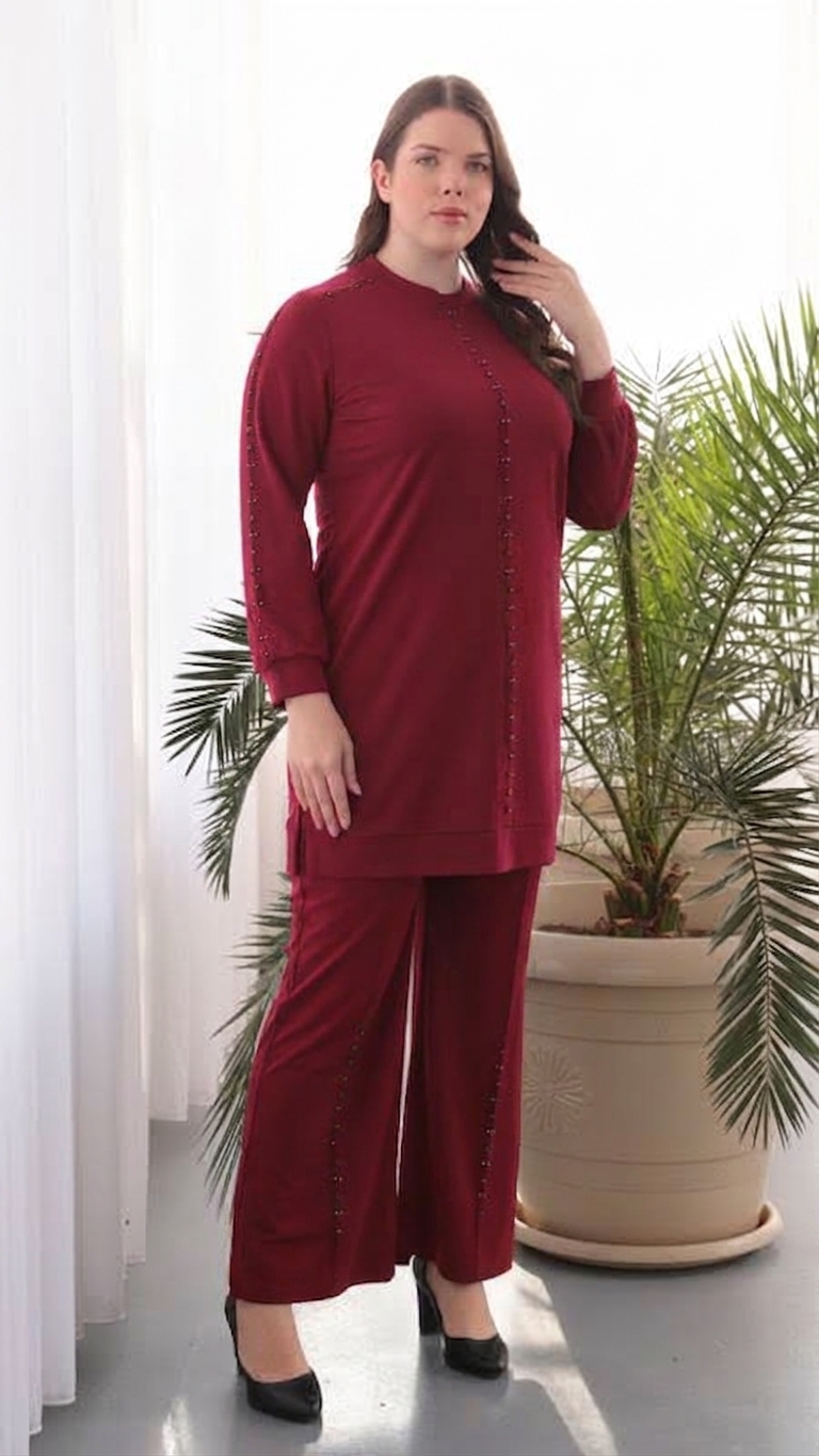 M'EVA PLUS TENCEL MODAL TUNİK & PANTOLON TAKIM Bordo
