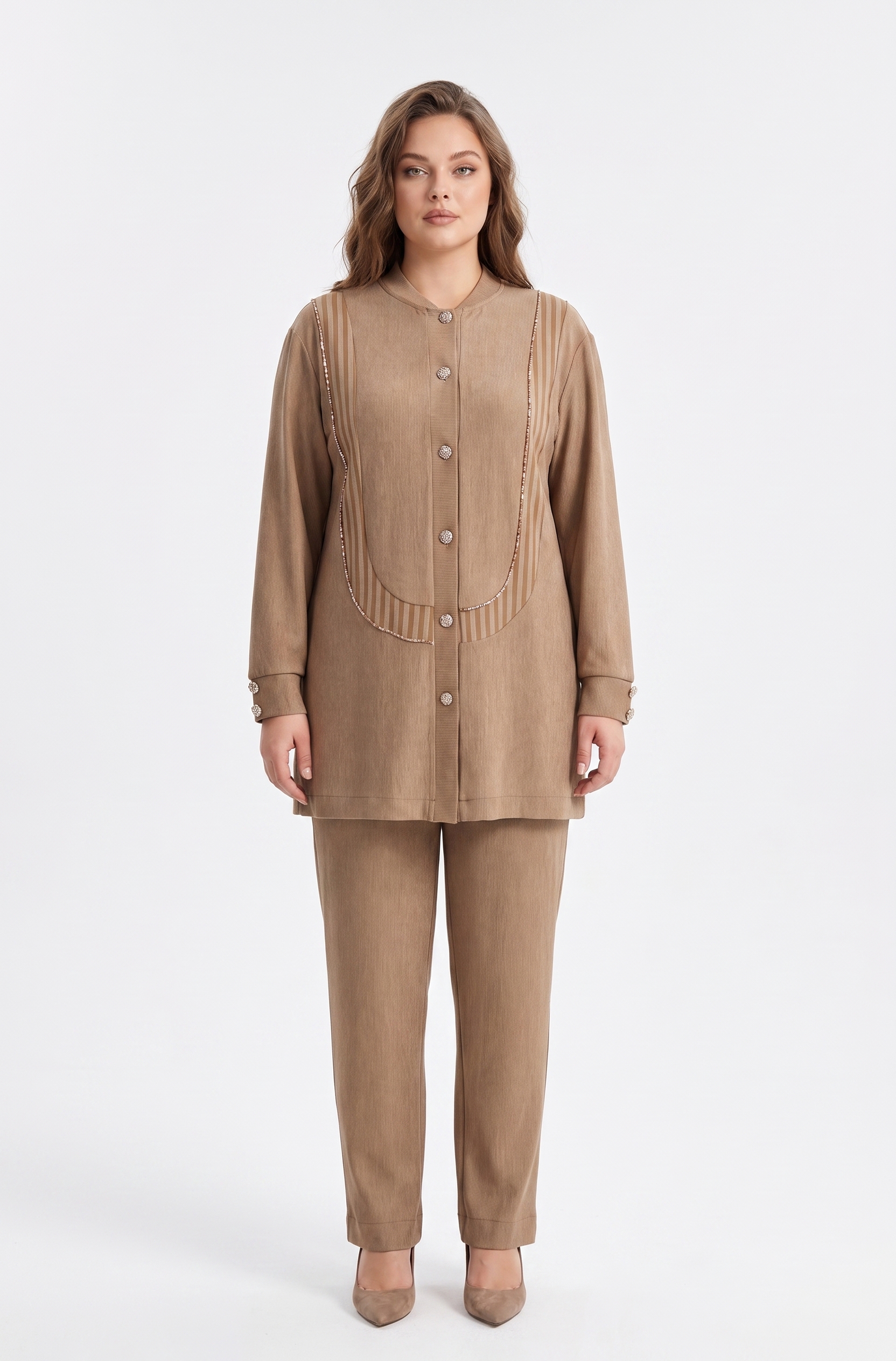M'EVA PLUS ÇİZGİLİ BAMBU MODAL TUNİK PANTOLON TAKIM Camel