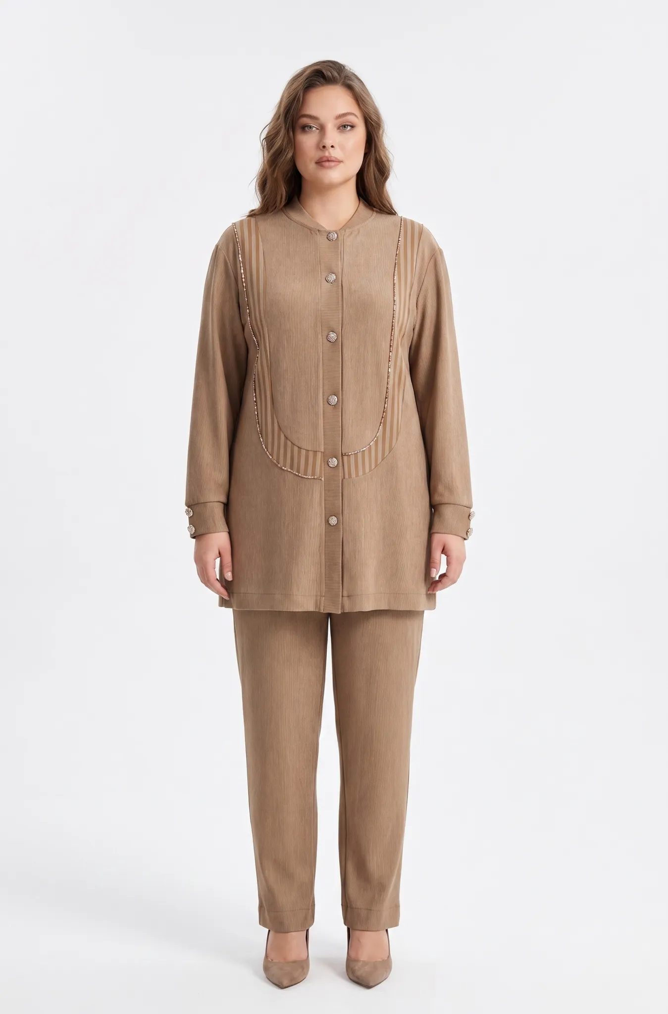 M'EVA PLUS ÇİZGİLİ BAMBU MODAL TUNİK PANTOLON TAKIM Camel