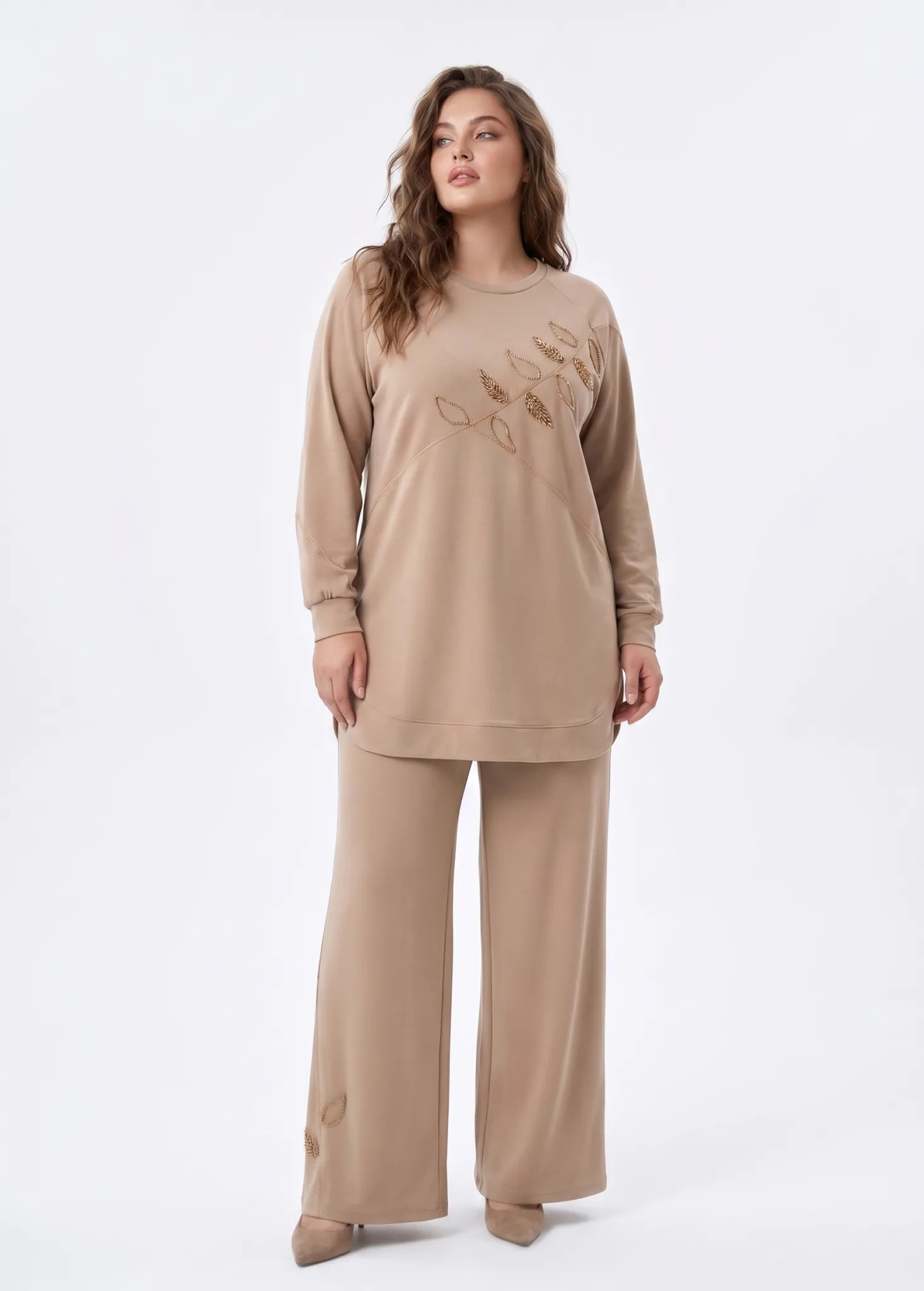 M'EVA PLUS TENCEL CUPRA ÖRME TUNİK PANTOLON TAKIM Camel