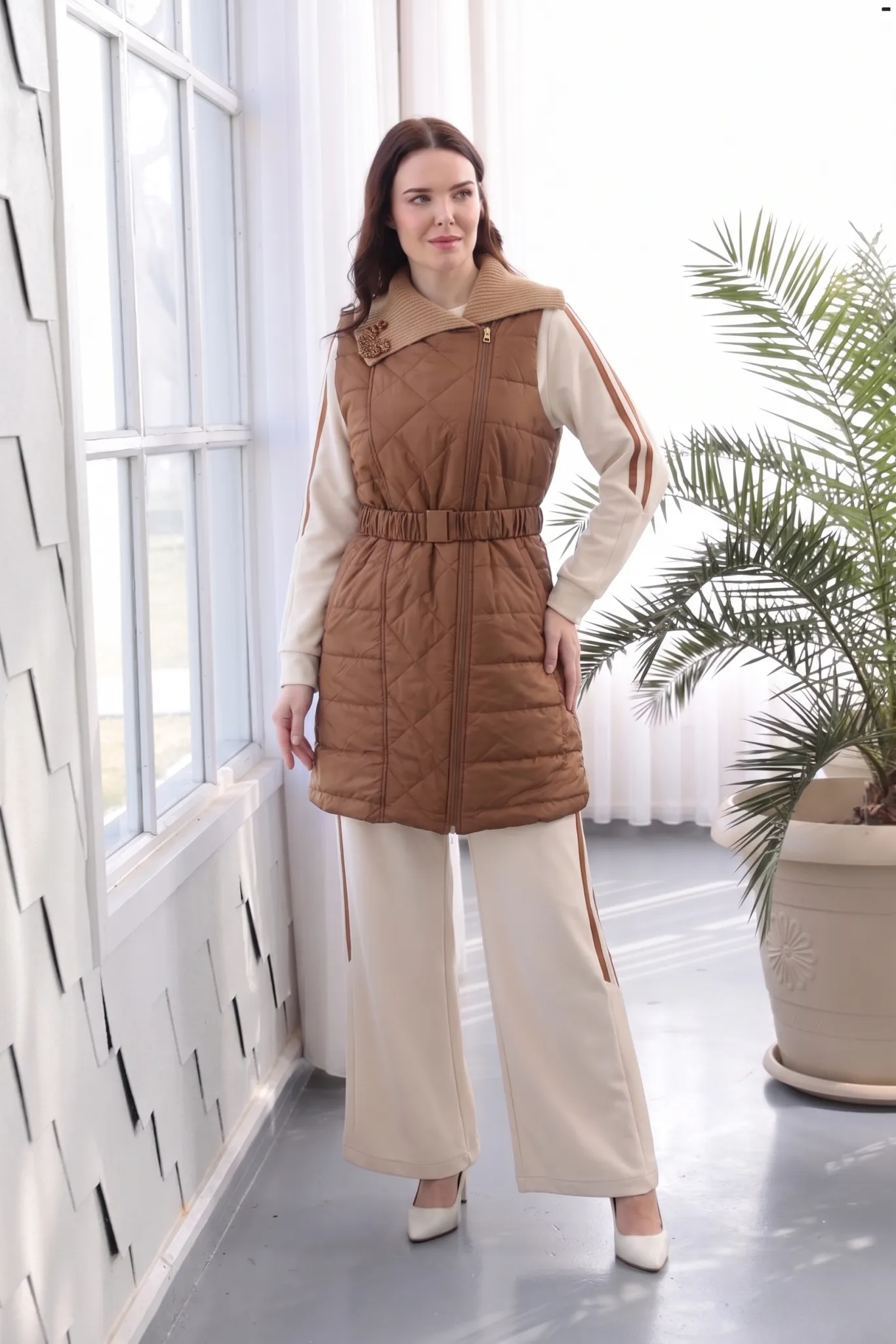 BLUEVA MODAL & KAPİTONE TUNİK YELEK PANTOLON TAKIM Taba / Bej