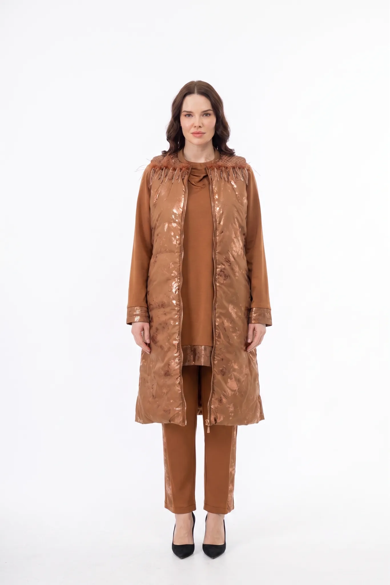 BLUEVA MODAL TUNİK PANTOLON & KAPİTONE YELEK TAKIM Camel