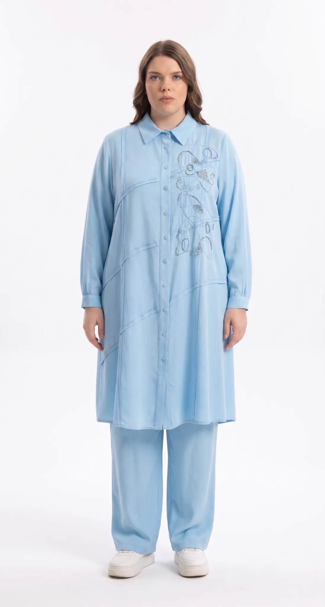 M'EVA PLUS TENCEL EL İŞLEMİ TUNİK Mavi