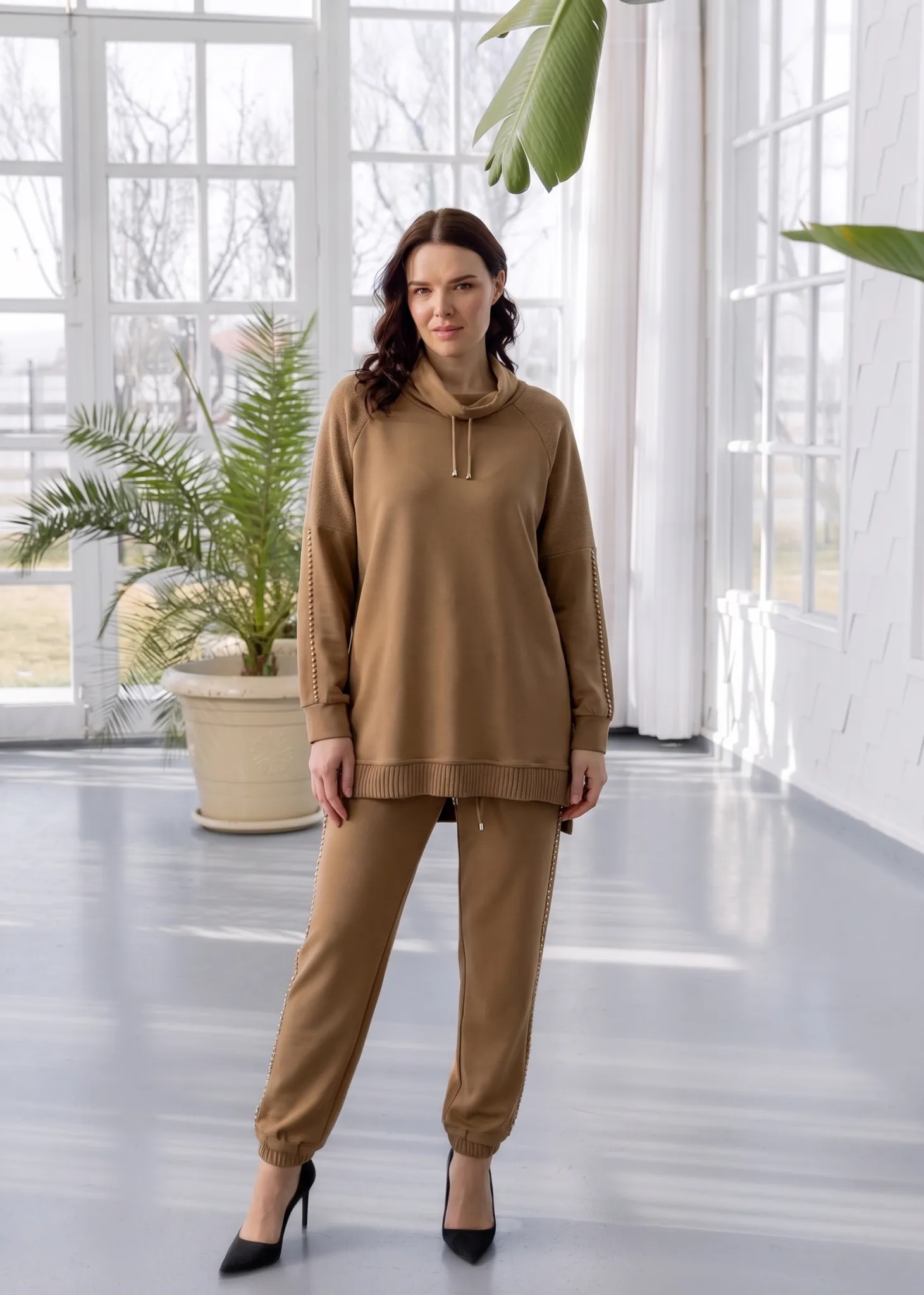 PUREVA MODAL TRİKO KONBİNLİ TUNİK PANTOLON TAKIM Camel