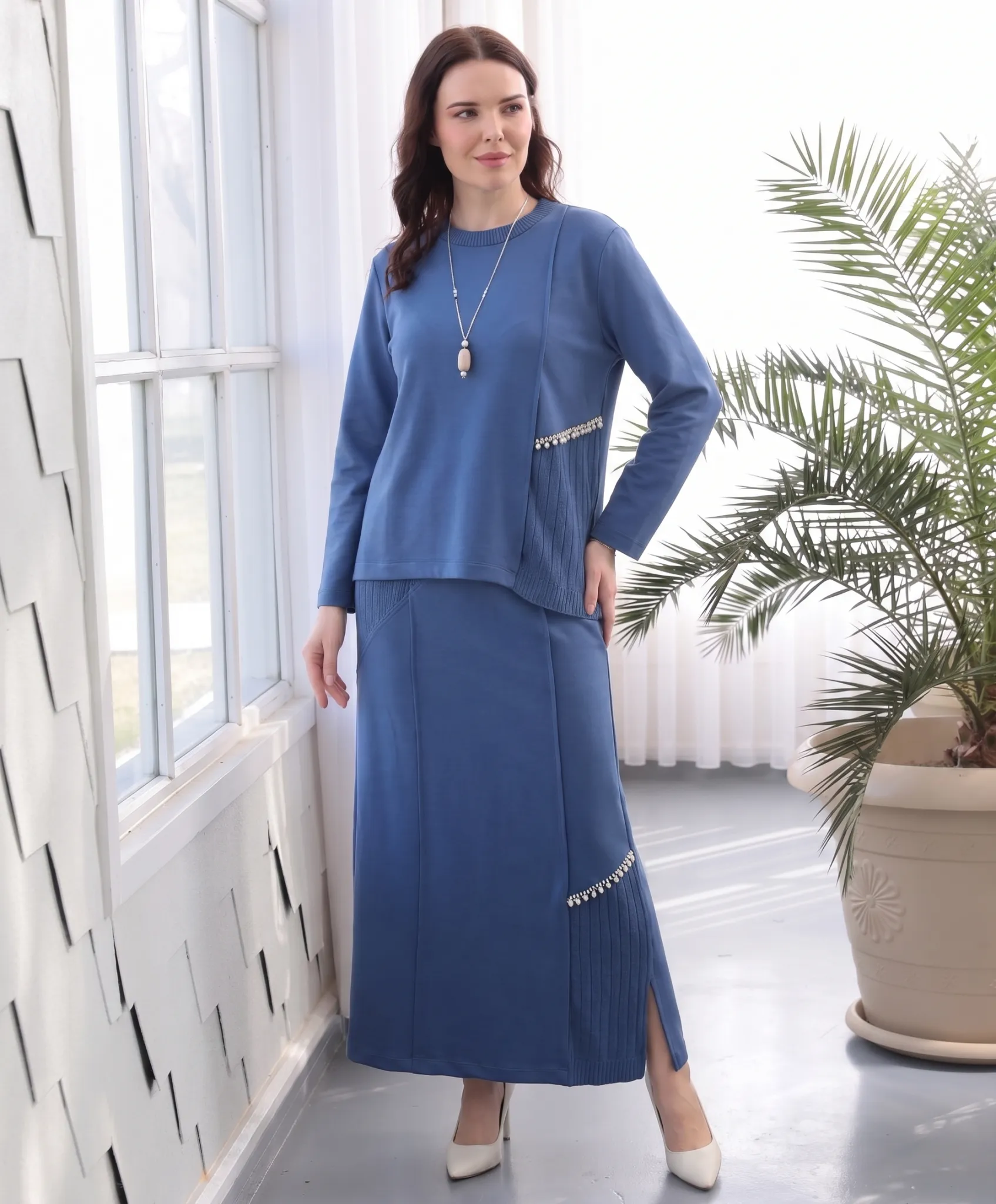 PUREVA BAMBU MODAL MERSERİZE TRİKO TUNİK & ETEK TAKIM Indigo