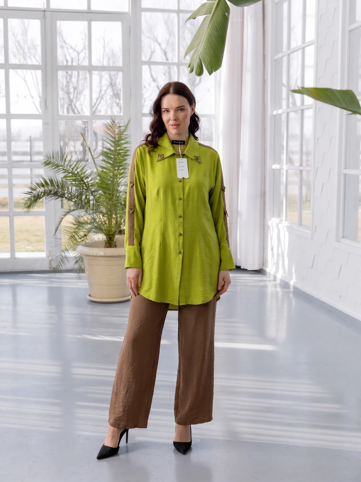 BLUEVA VİSKON COTON PANTOLON TUNİK TAKIM Asit / Kahverengi