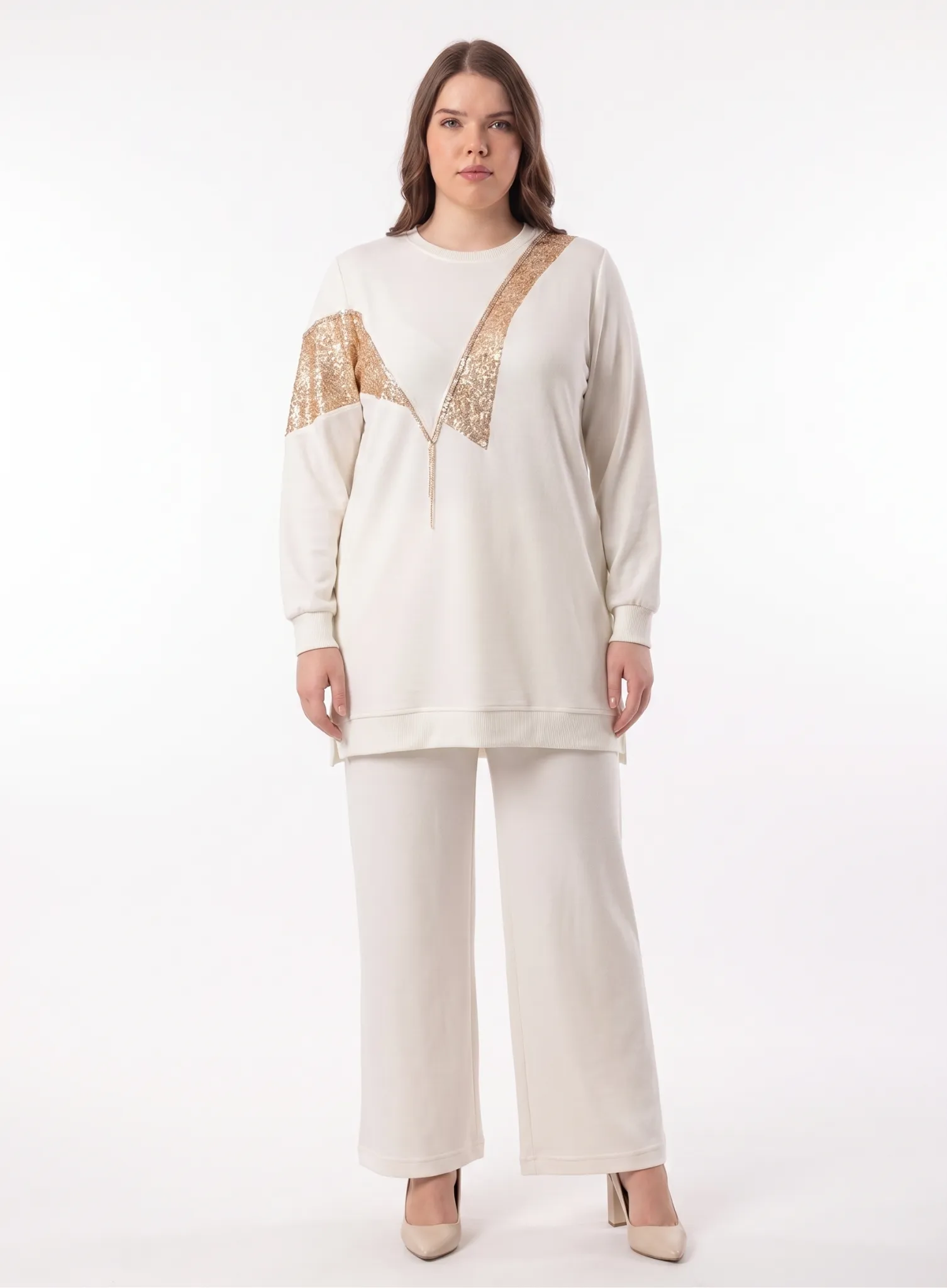 M'EVA PLUS BAMBU MODAL TUNİK & PANTOLON TAKIM Ekru