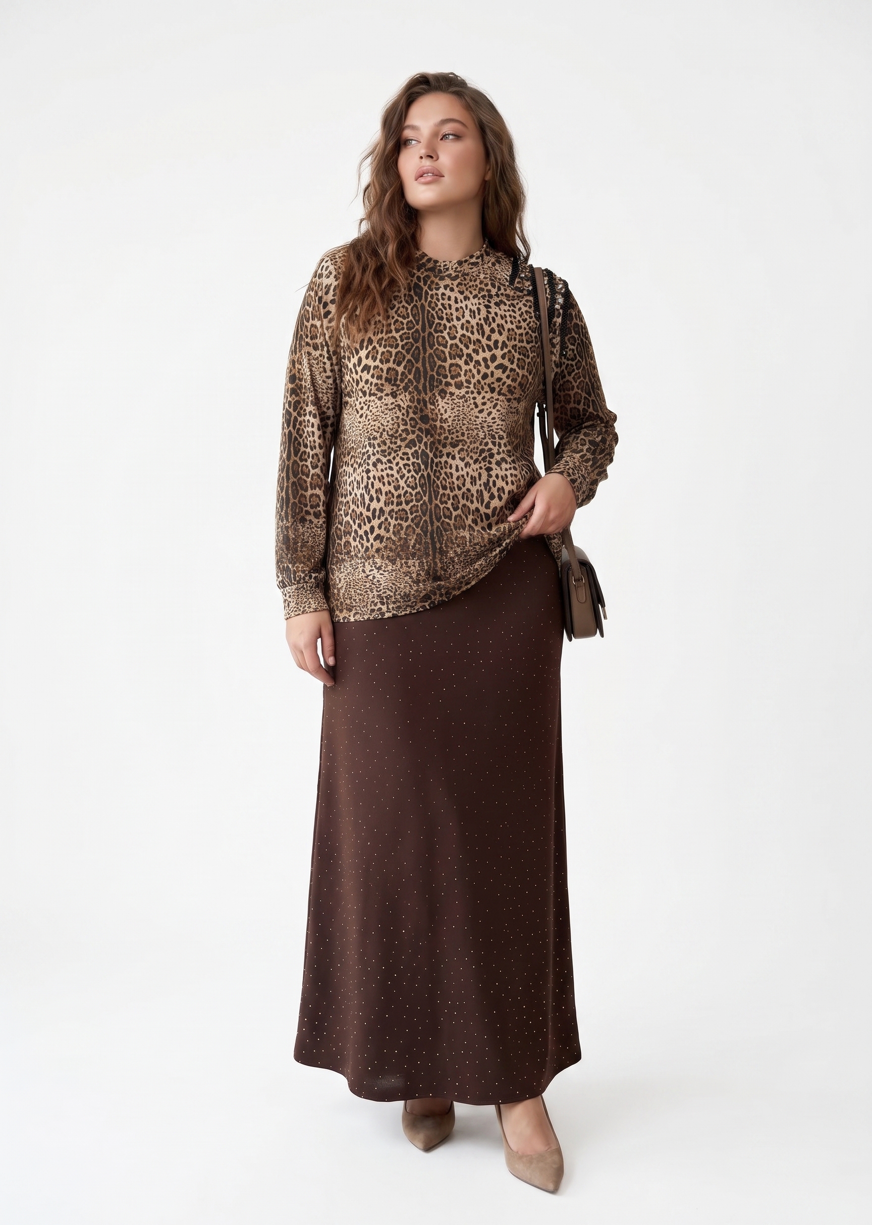 M'EVA PLUS LEOPAR DESENLİ BLUZ & TAŞ DETAYLI ETEKLİ TAKIM Gold