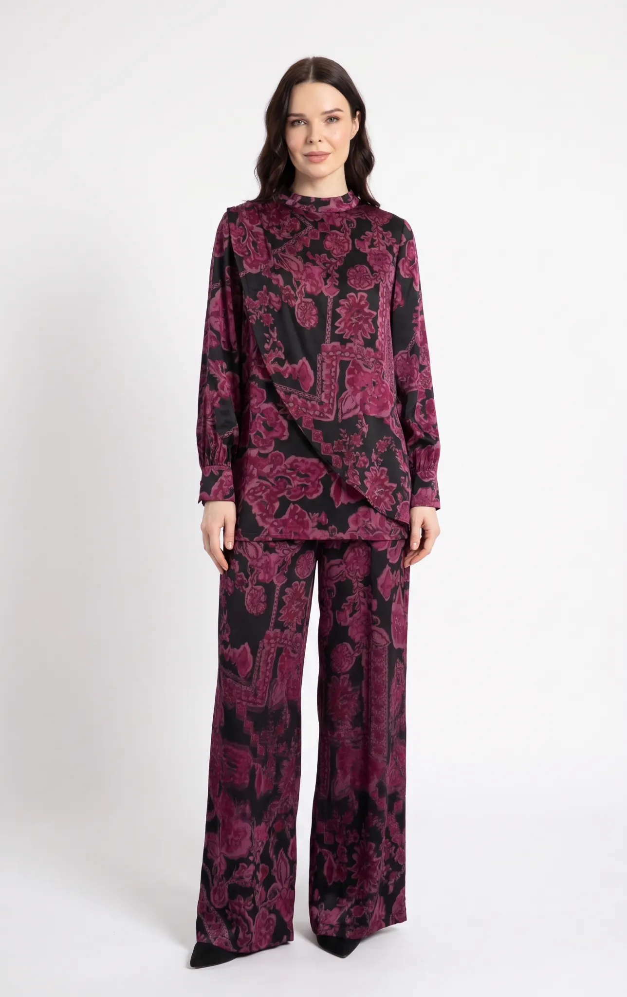 PUREVA İPEK CUPRA TUNİK PANTOLON TAKIM Batik Desen Bordo