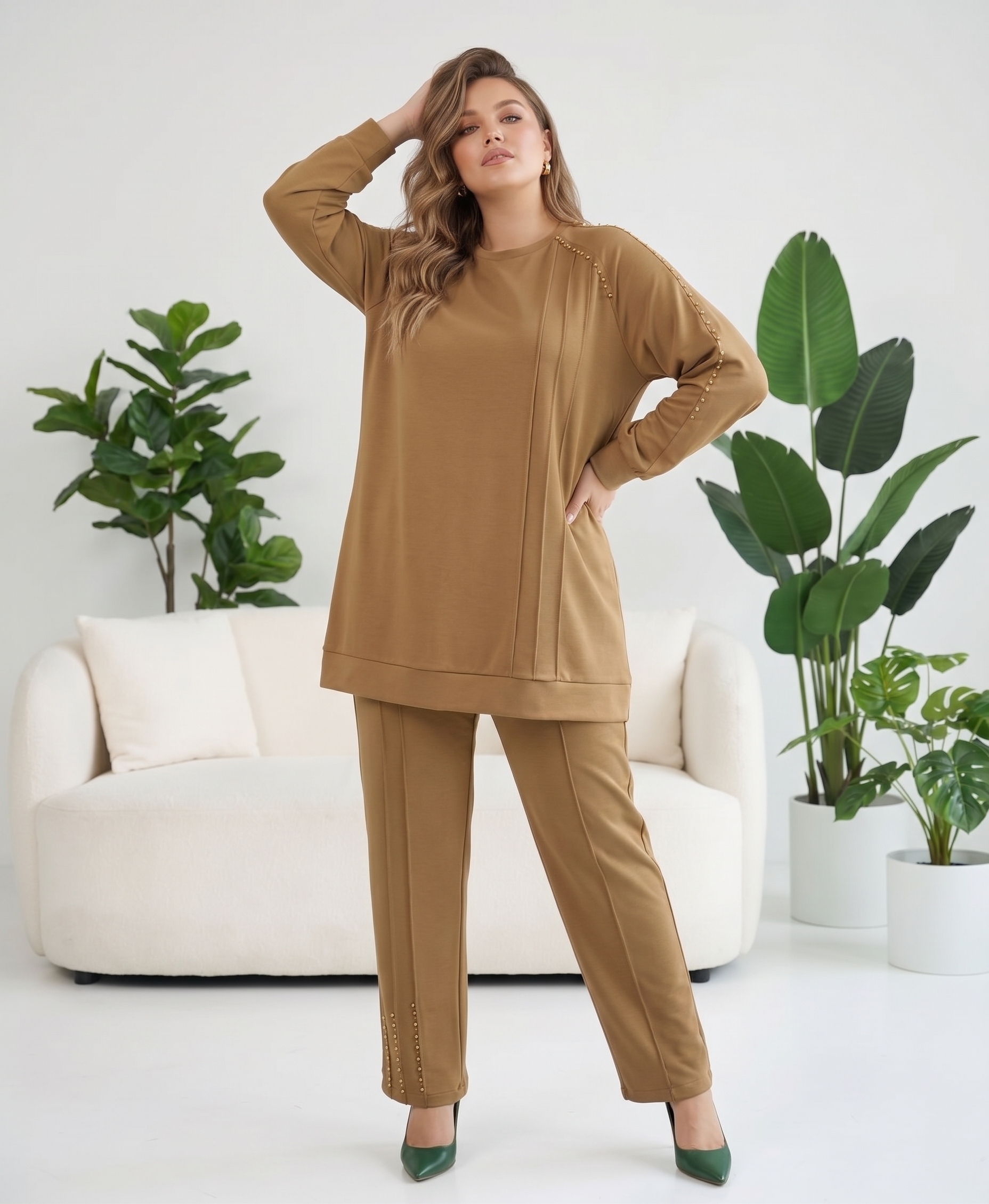 M'EVA PLUS BAMBU MODAL TUNİK & PANTOLON TAKIM Camel