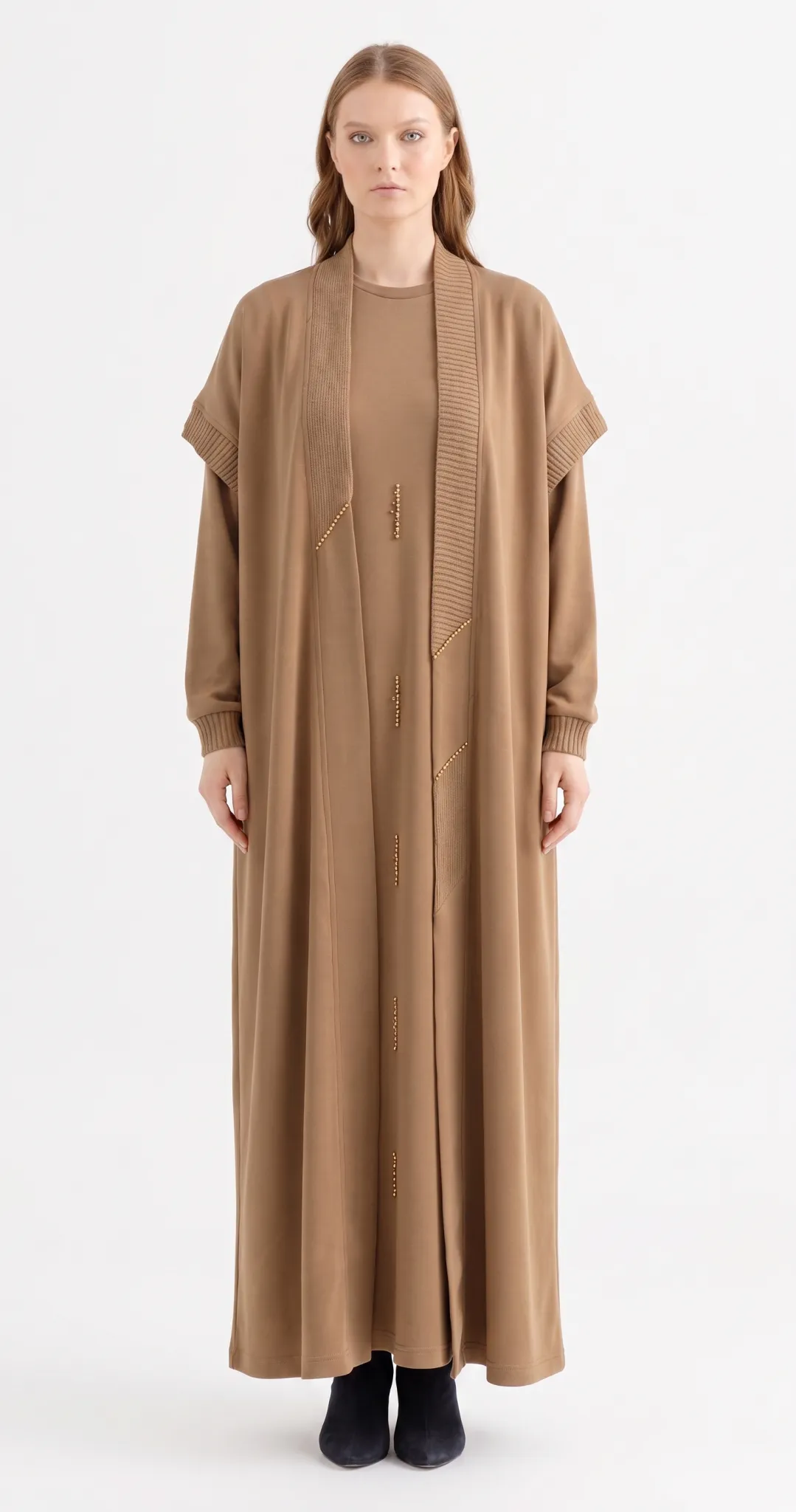 PUREVA MODAL TRİKO KONBİNLİ TAM BOY ELBİSE YELEK TAKIM Camel