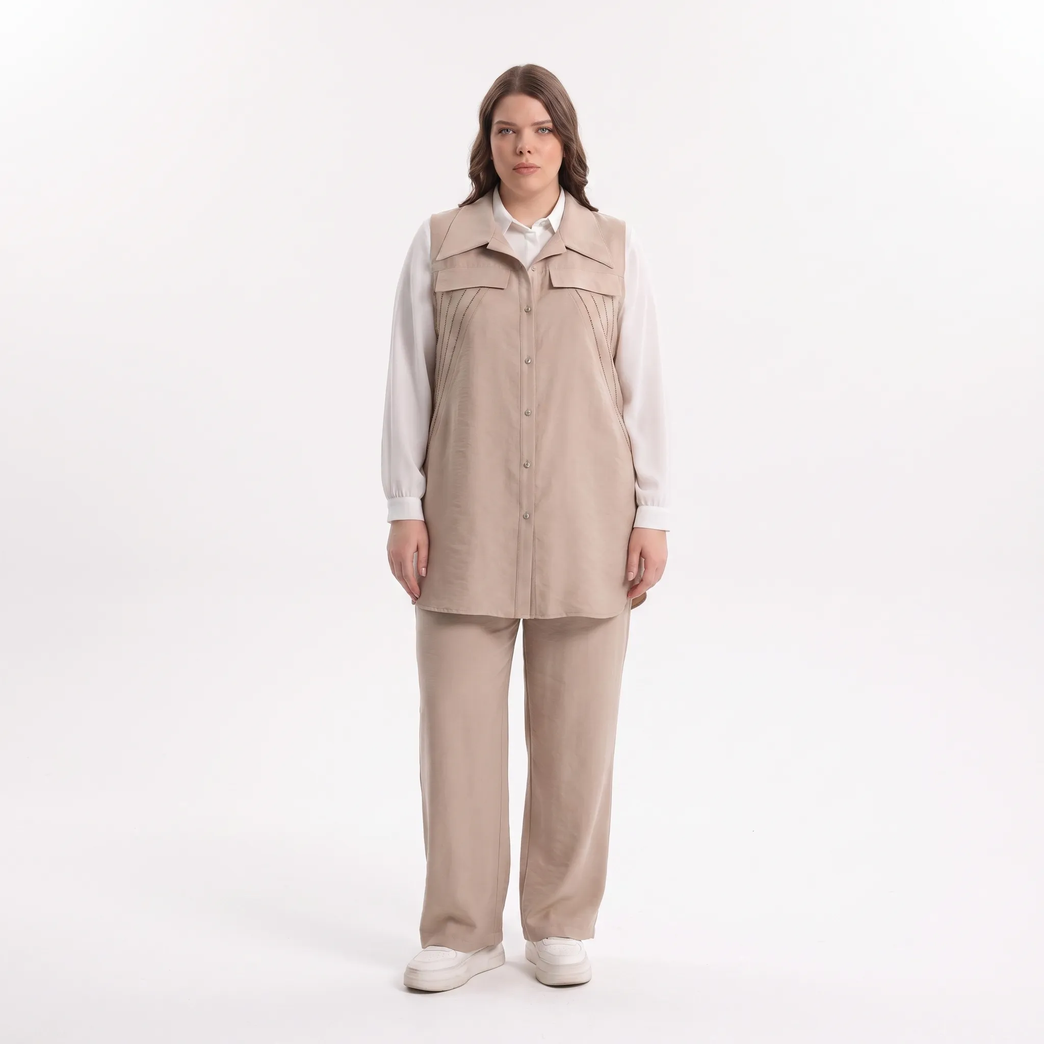 M'EVA PLUS TENCEL YELEK PANTOLON TUNİK - ÜÇLÜ TAKIM Bej