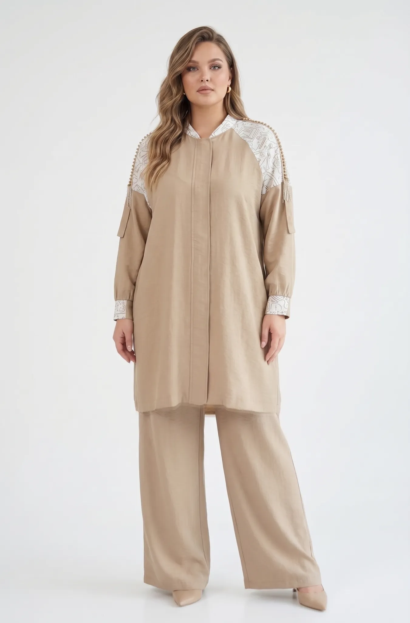 M'EVA PLUS TENCEL KAP & PANTOLON TAKIM Bej