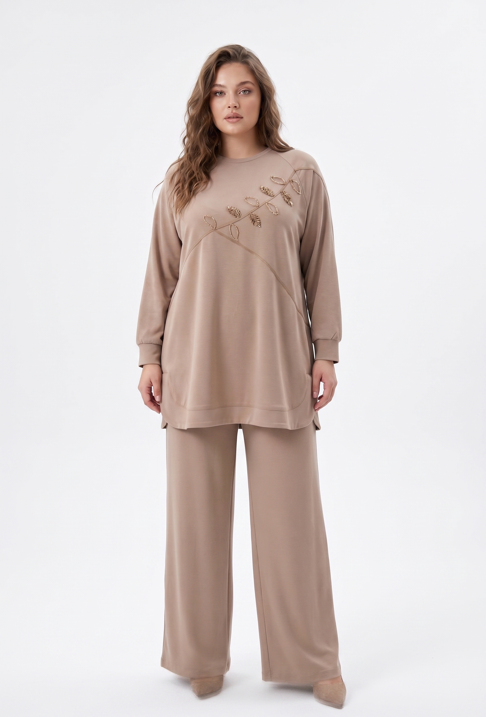 M'EVA PLUS TENCEL CUPRA ÖRME TUNİK PANTOLON TAKIM Camel