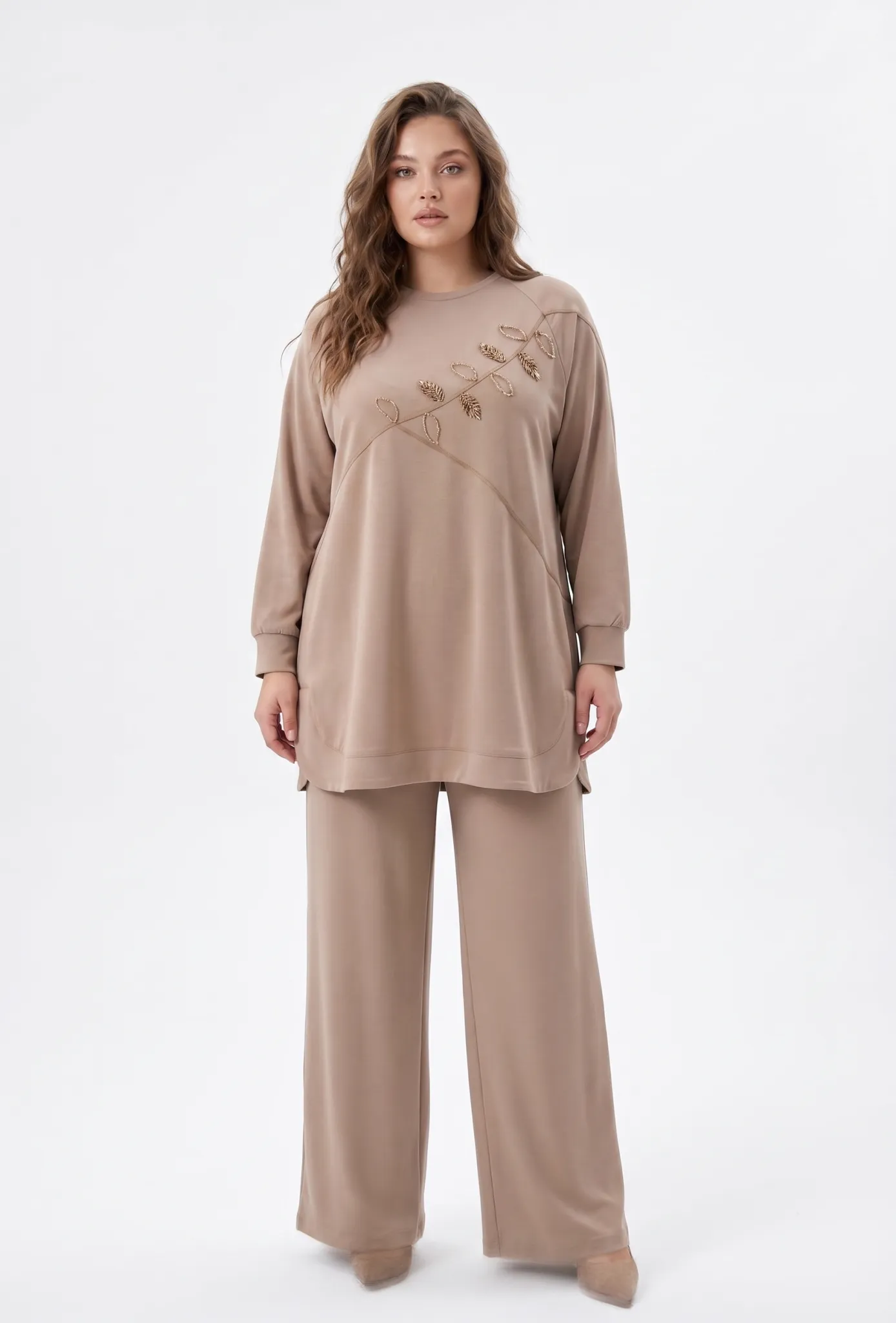 M'EVA PLUS TENCEL CUPRA ÖRME TUNİK PANTOLON TAKIM Camel