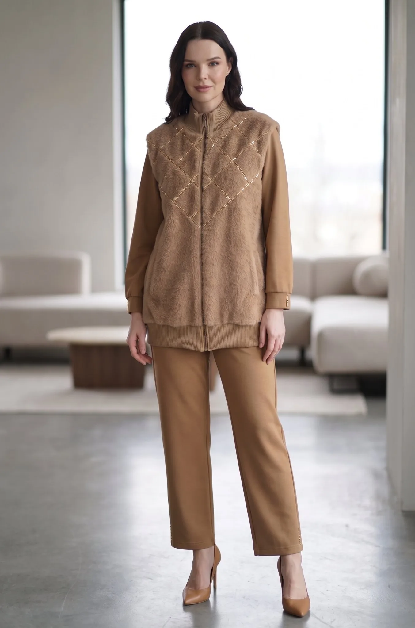 ANGORA YELEK & MODAL TUNİK PANTOLON TAKIM Camel 3