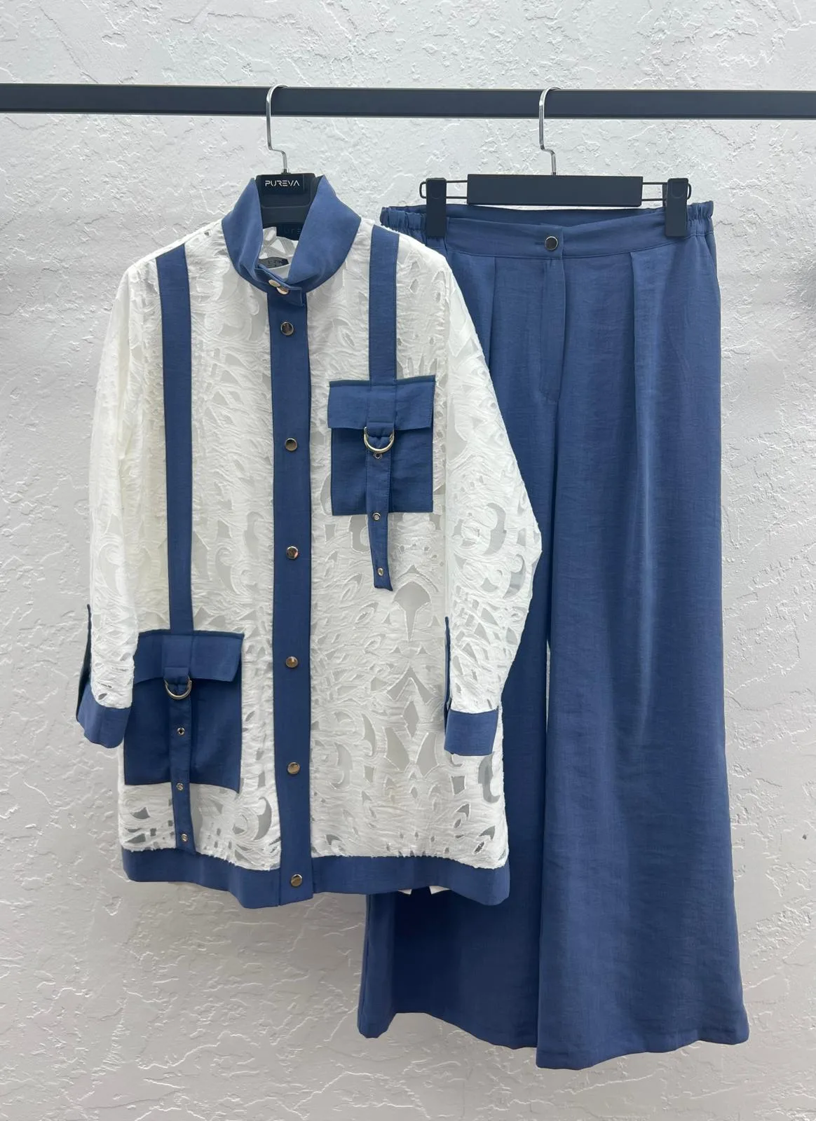 YAKMA TENCEL  KAP PANTOLON & İÇLİKLİ ÜÇLÜ TAKIM Ekru/Indigo 2