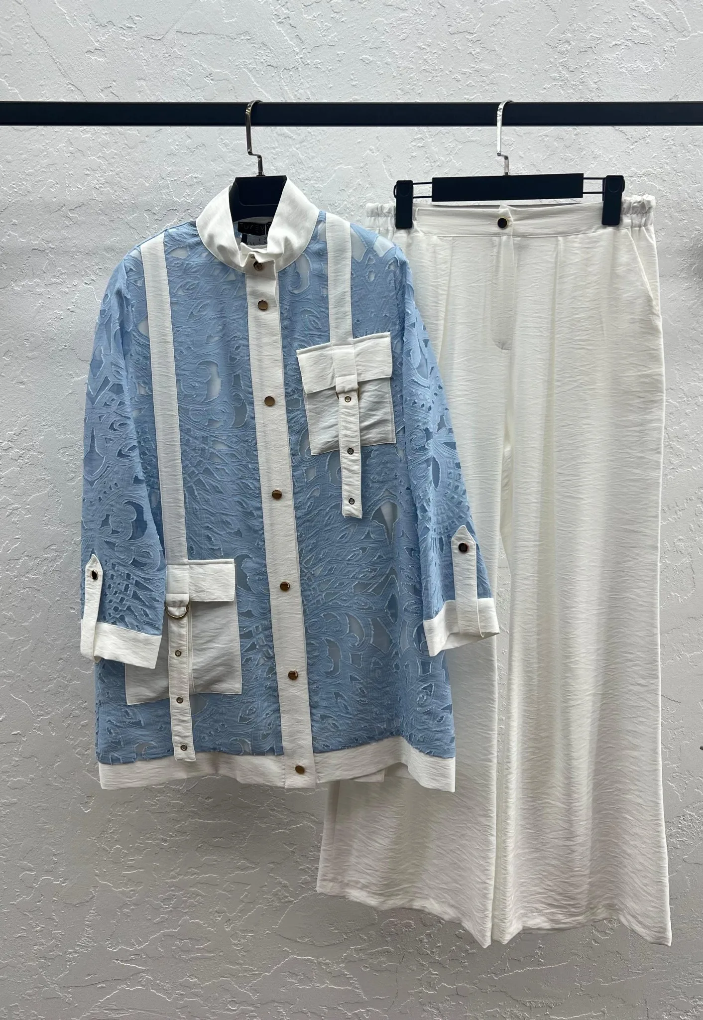 YAKMA TENCEL  KAP PANTOLON & İÇLİKLİ ÜÇLÜ TAKIM Mavi/Ekru 2