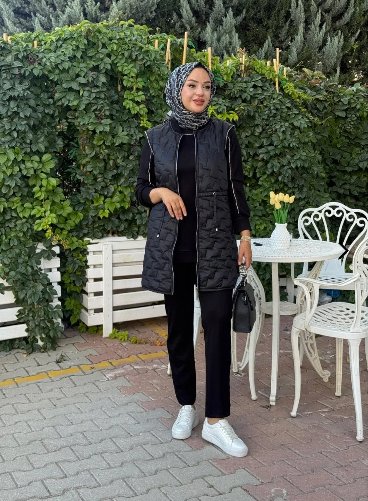 PUREVA MODAL TUNİK PANTOLON & KAPİTONE YELEKLİ ÜÇLÜ TAKIM Siyah