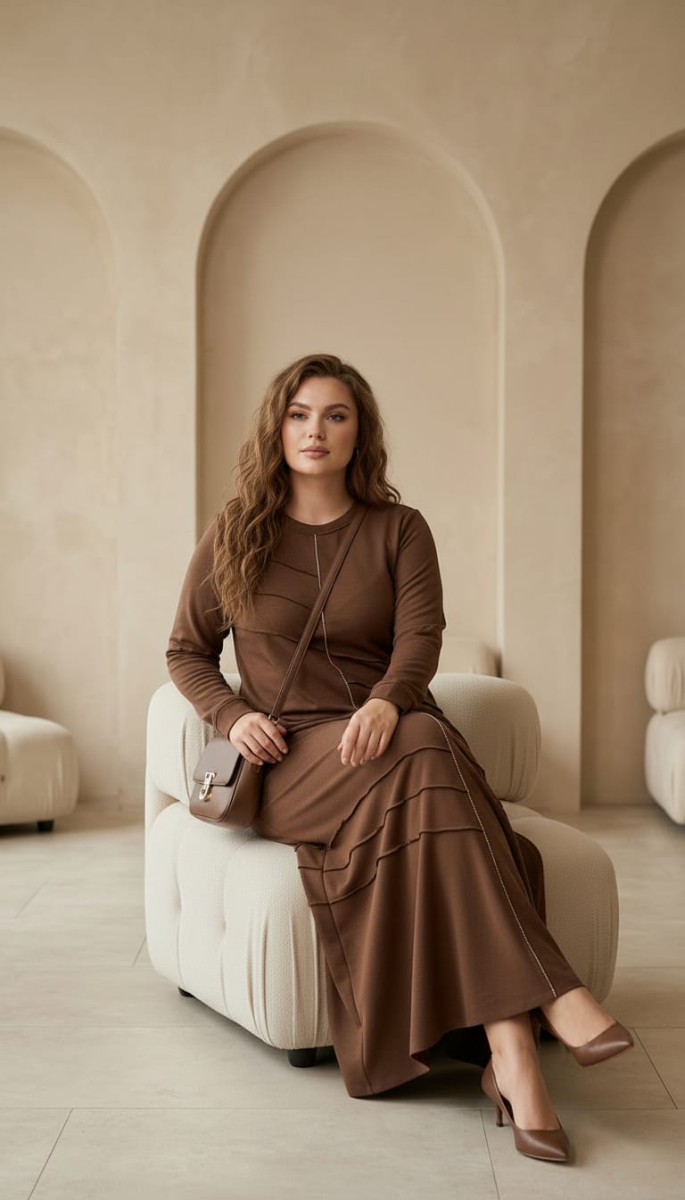 M'EVA PLUS İPEKSİ MODAL TUNİK ETEK TAKIM Kahverengi