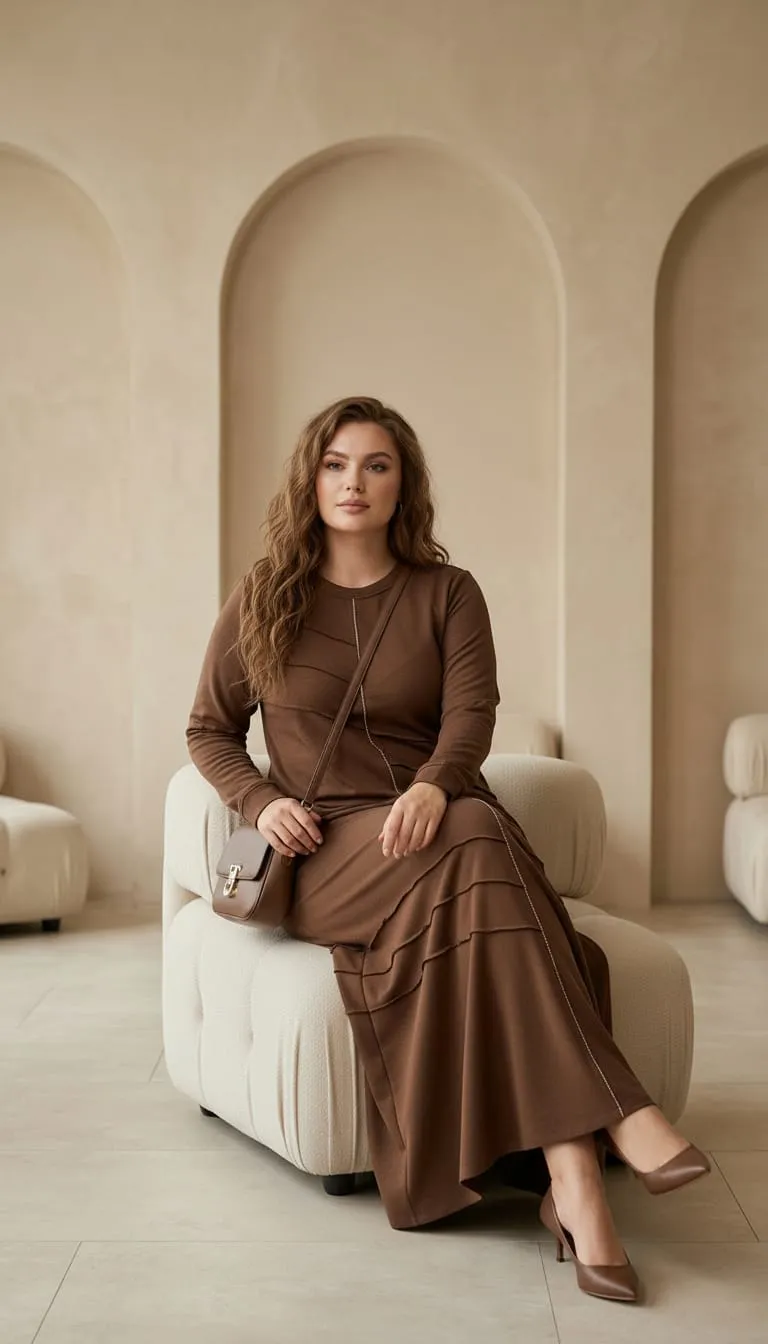 M'EVA PLUS İPEKSİ MODAL TUNİK ETEK TAKIM Kahverengi