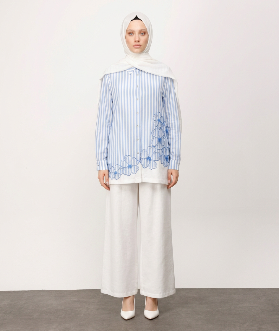 COTON NAKIŞLI TUNİK TENCEL PANTOLON TAKIM Mavi 3