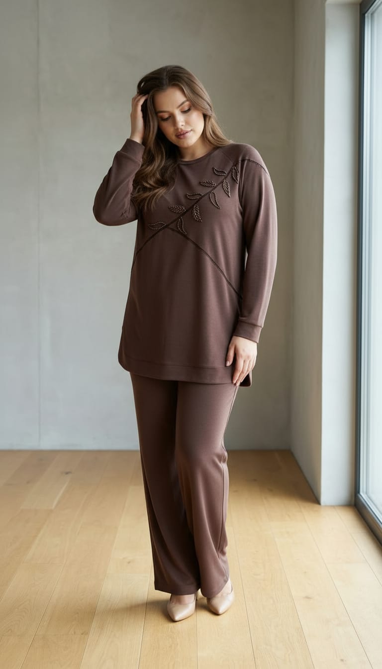 TENCEL CUPRA ÖRME TUNİK PANTOLON TAKIM Kahverengi 7