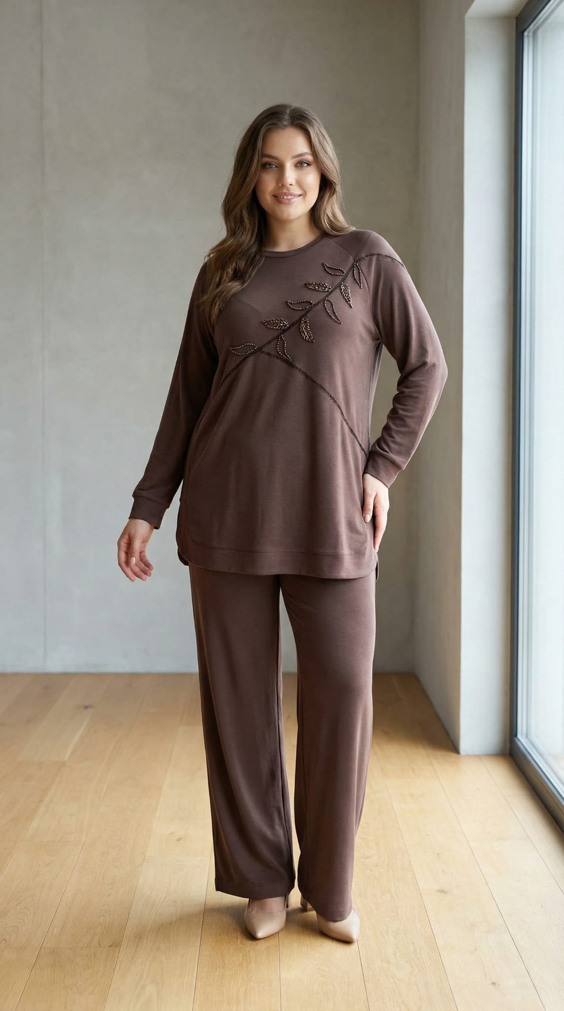TENCEL CUPRA ÖRME TUNİK PANTOLON TAKIM Kahverengi 3