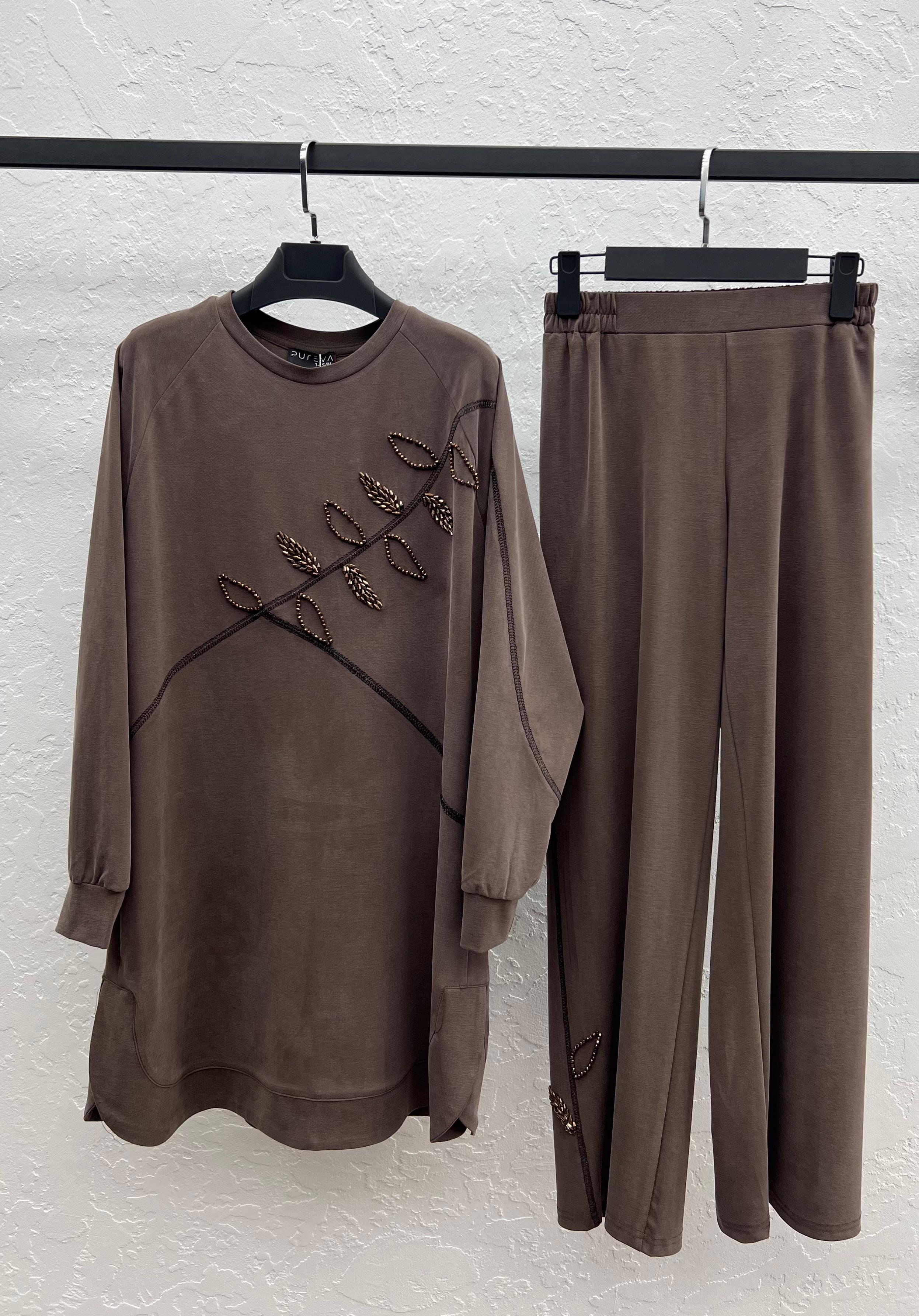 TENCEL CUPRA ÖRME TUNİK PANTOLON TAKIM Kahverengi 9