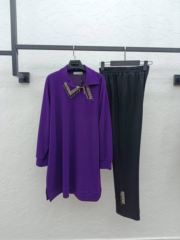 M'EVA PLUS BAMBU MODAL TUNİK & PANTOLON TAKIM Mor/Siyah