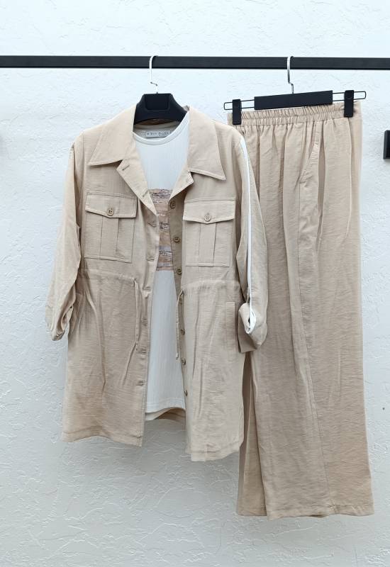 M'EVA PLUS TENCEL CEKET & PANTOLON PENYE İÇLİKLİ ÜÇLÜ TAKIM Bej